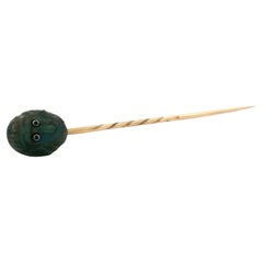 Antique Victorian 9k Yellow Gold Carved Labradorite w/ Enamel Monkey Stick Pin
