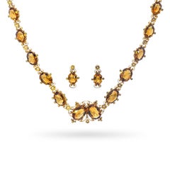 Antique Victorian 9k Yellow Gold Citrine & Pearl Floral Necklace and Earring Set