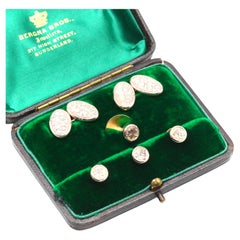 Antique Victorian 9K Yellow Gold Floral Engraved Cufflinks and Dress Stud Set