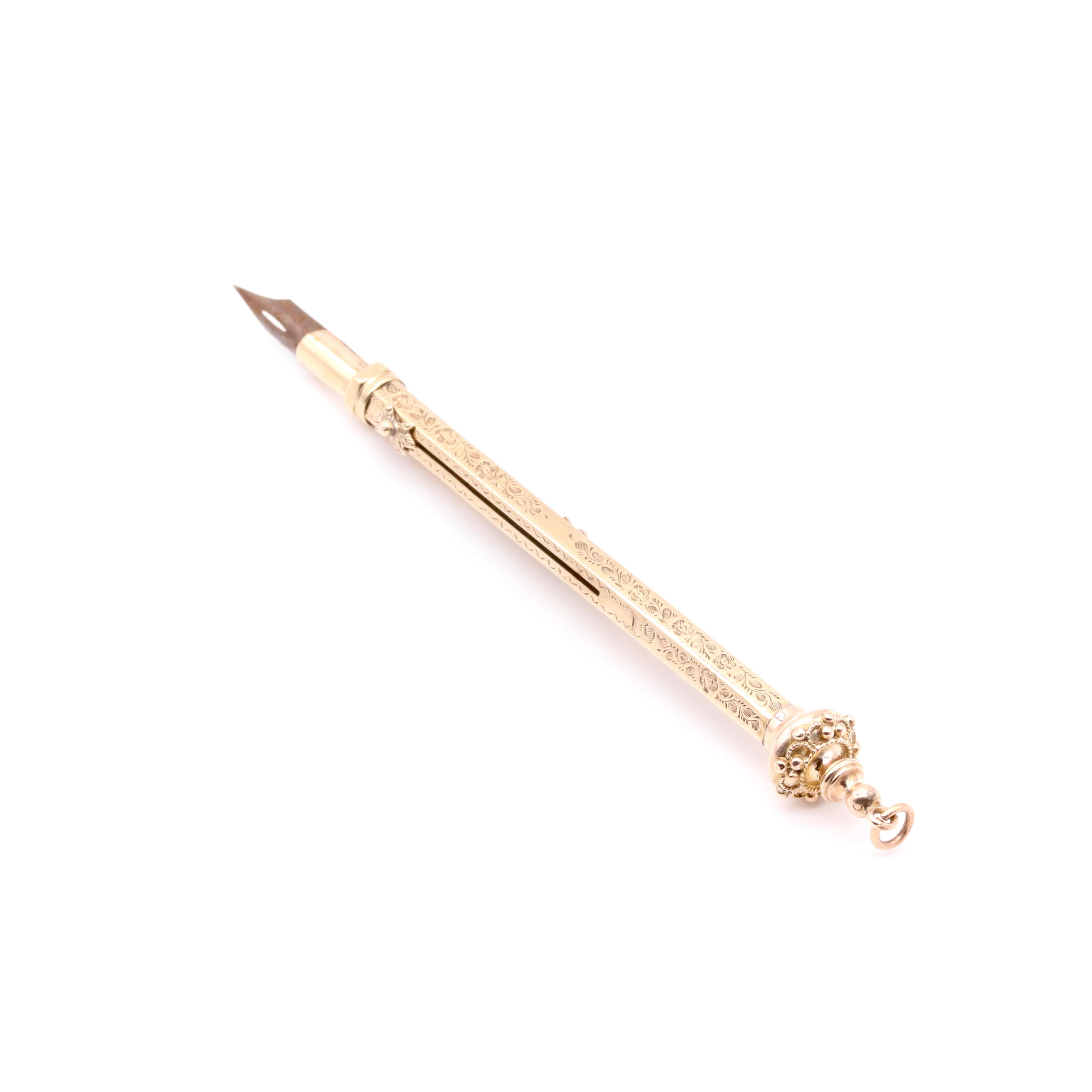Lápiz de Propulsión y Pluma de Inmersión Antiguos Victorianos de Oro Amarillo de 9 K con Grabado Floral en venta 6