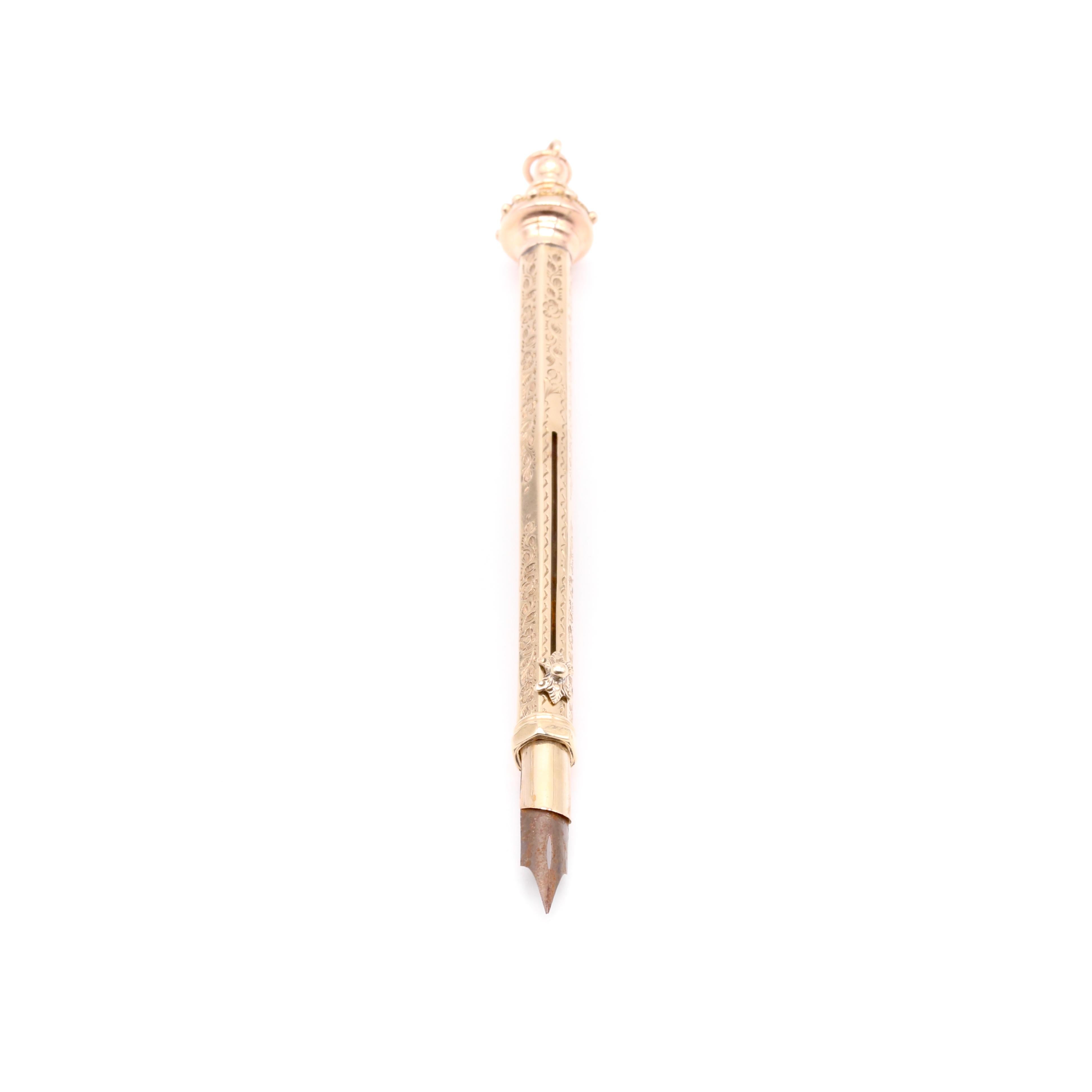 Lápiz de Propulsión y Pluma de Inmersión Antiguos Victorianos de Oro Amarillo de 9 K con Grabado Floral en Bueno estado para la venta en Staines-Upon-Thames, GB