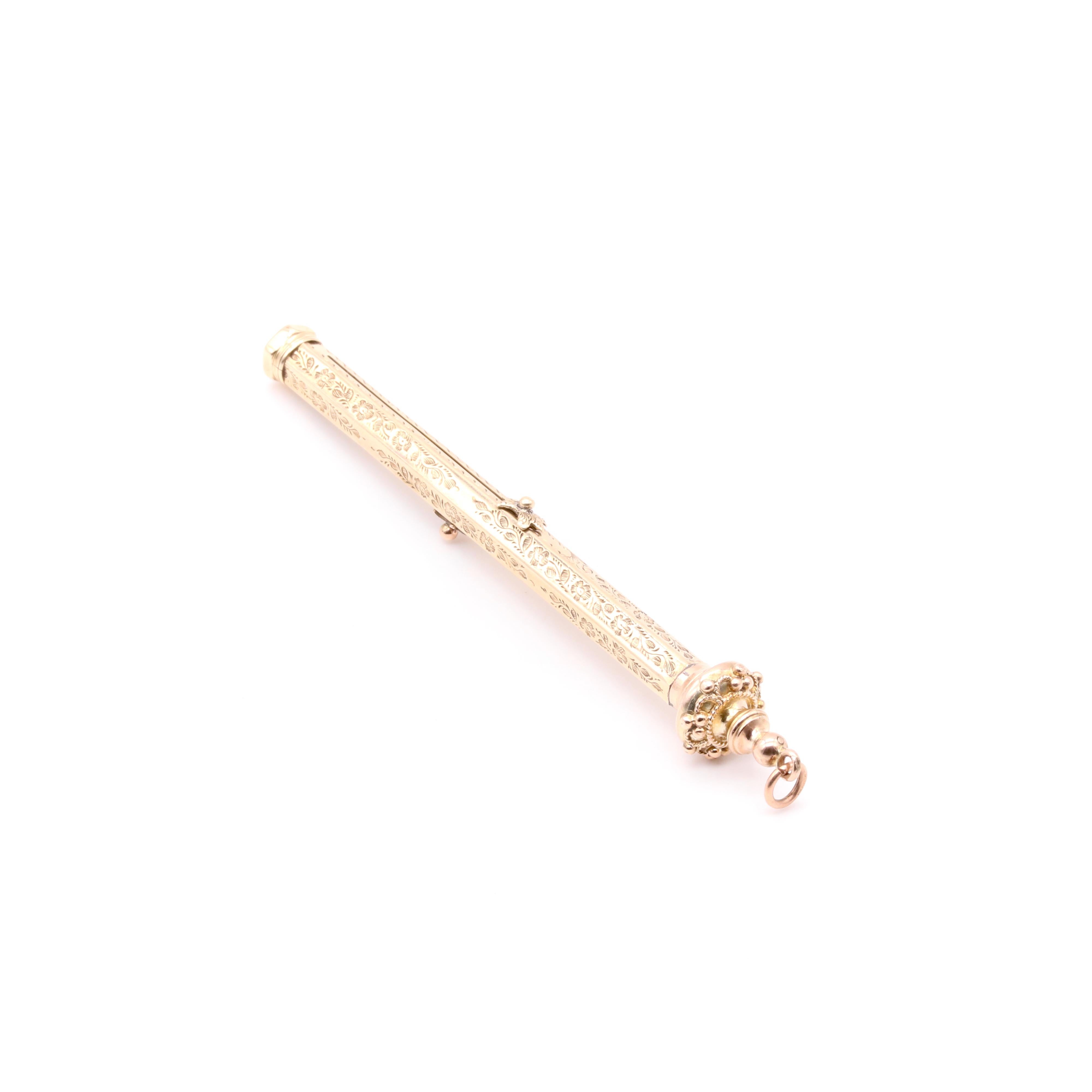 Lápiz de Propulsión y Pluma de Inmersión Antiguos Victorianos de Oro Amarillo de 9 K con Grabado Floral en venta 5
