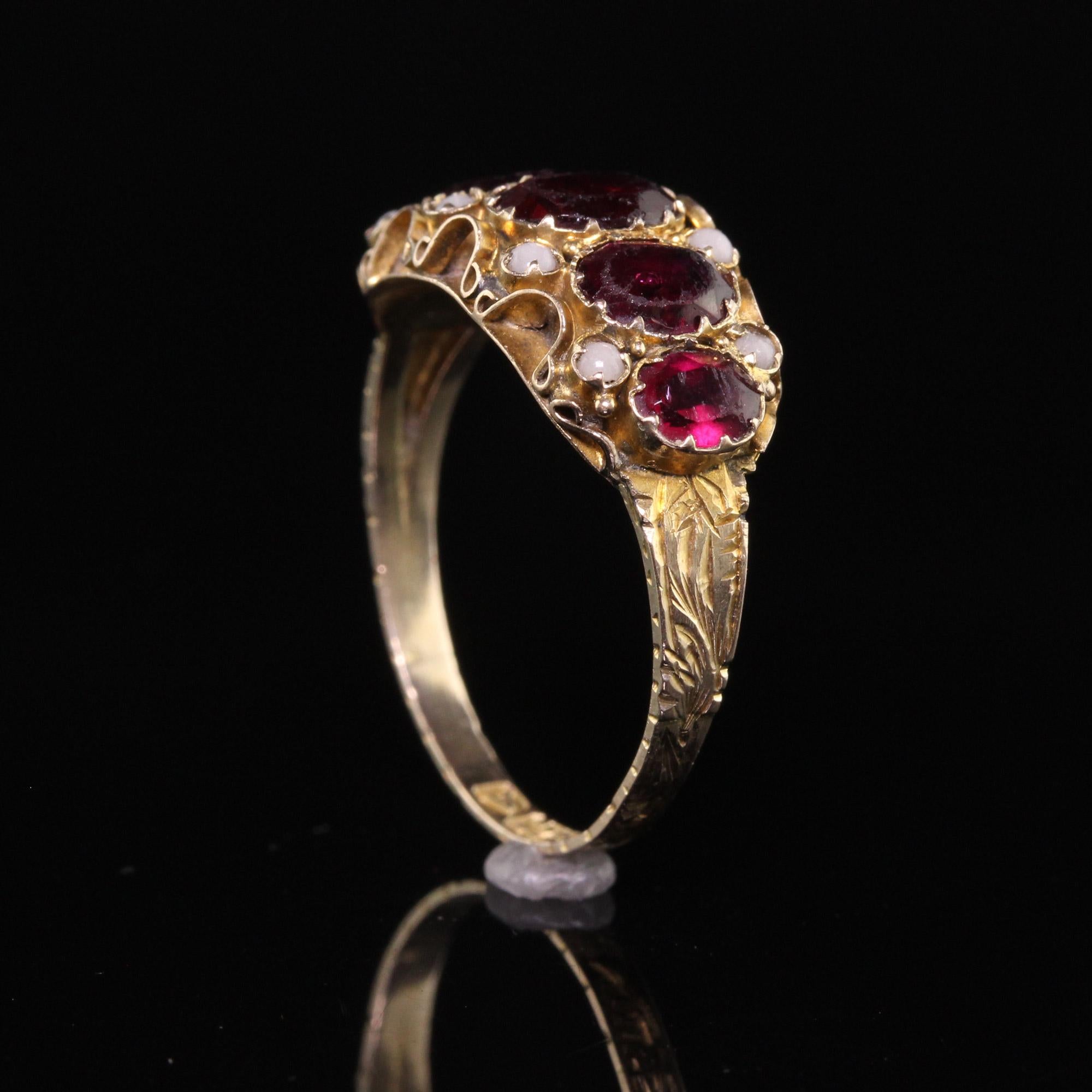 Women's Antique Victorian 9K Yellow Gold Garnet and Seed Pearl Five Stone Ring