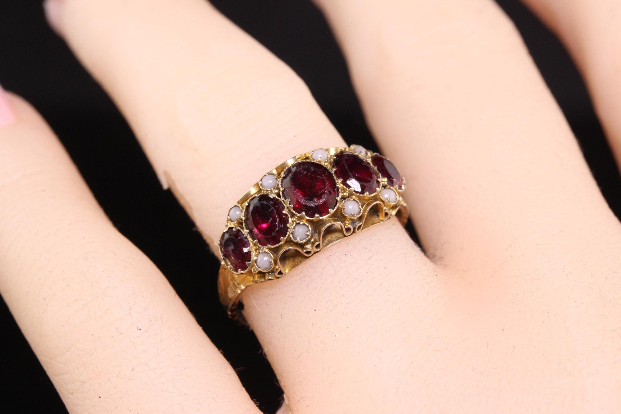 Antique Victorian 9K Yellow Gold Garnet and Seed Pearl Five Stone Ring 1