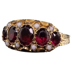 Antique Victorian 9K Yellow Gold Garnet and Seed Pearl Five Stone Ring