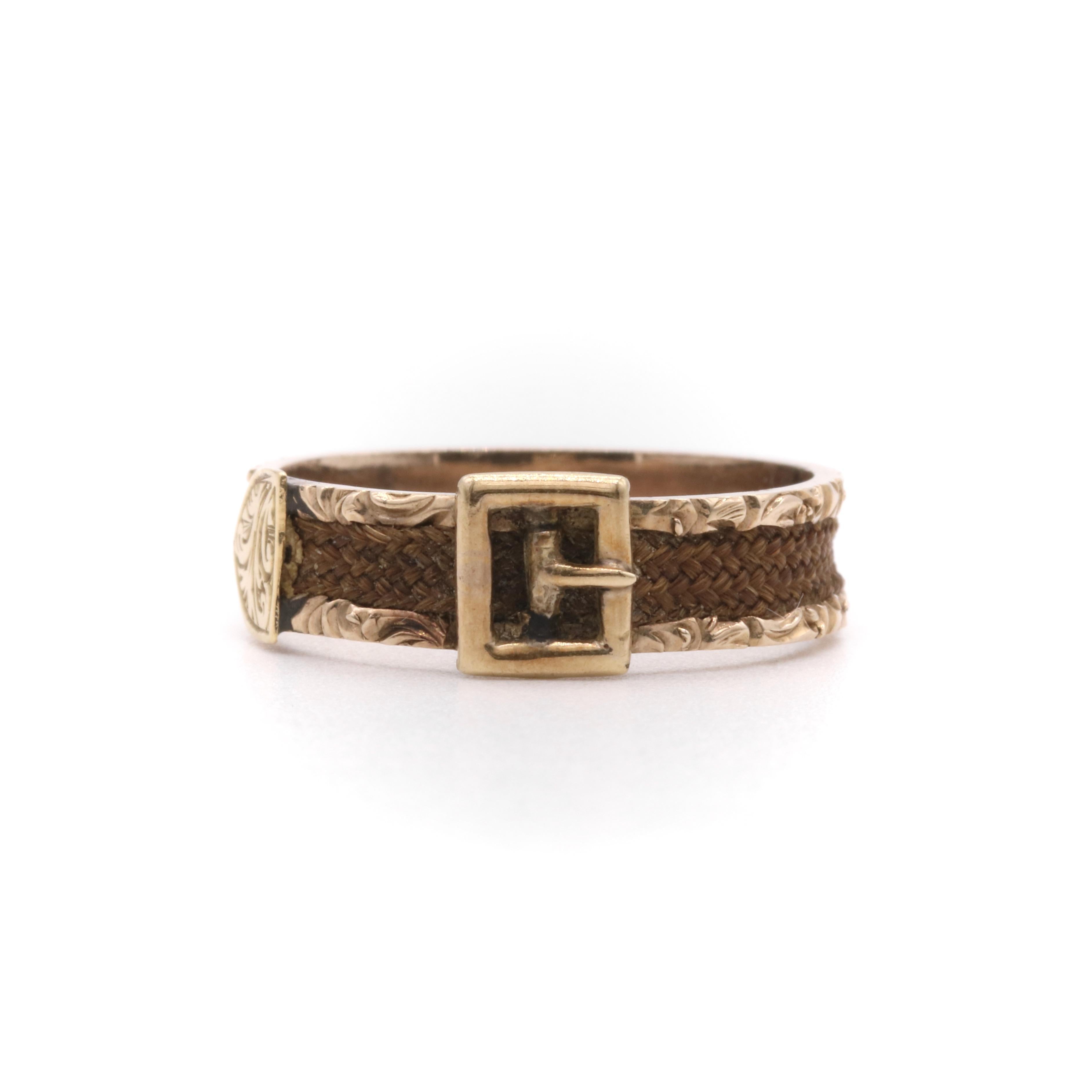 Women's or Men's Antique Victorian 9K Yellow Gold Hairwork Mourning Buckle Ring For Sale