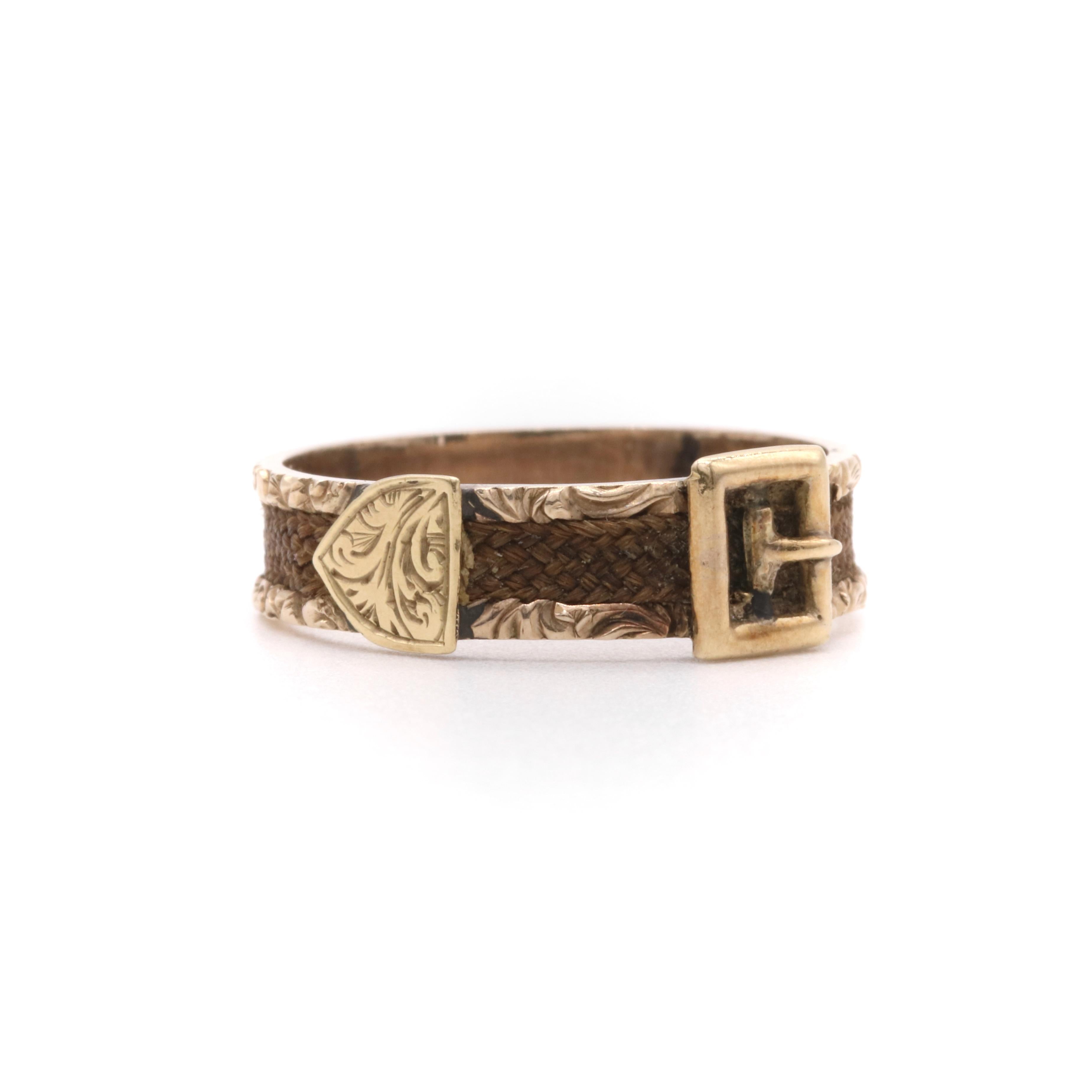 Antique Victorian 9K Yellow Gold Hairwork Mourning Buckle Ring For Sale 1