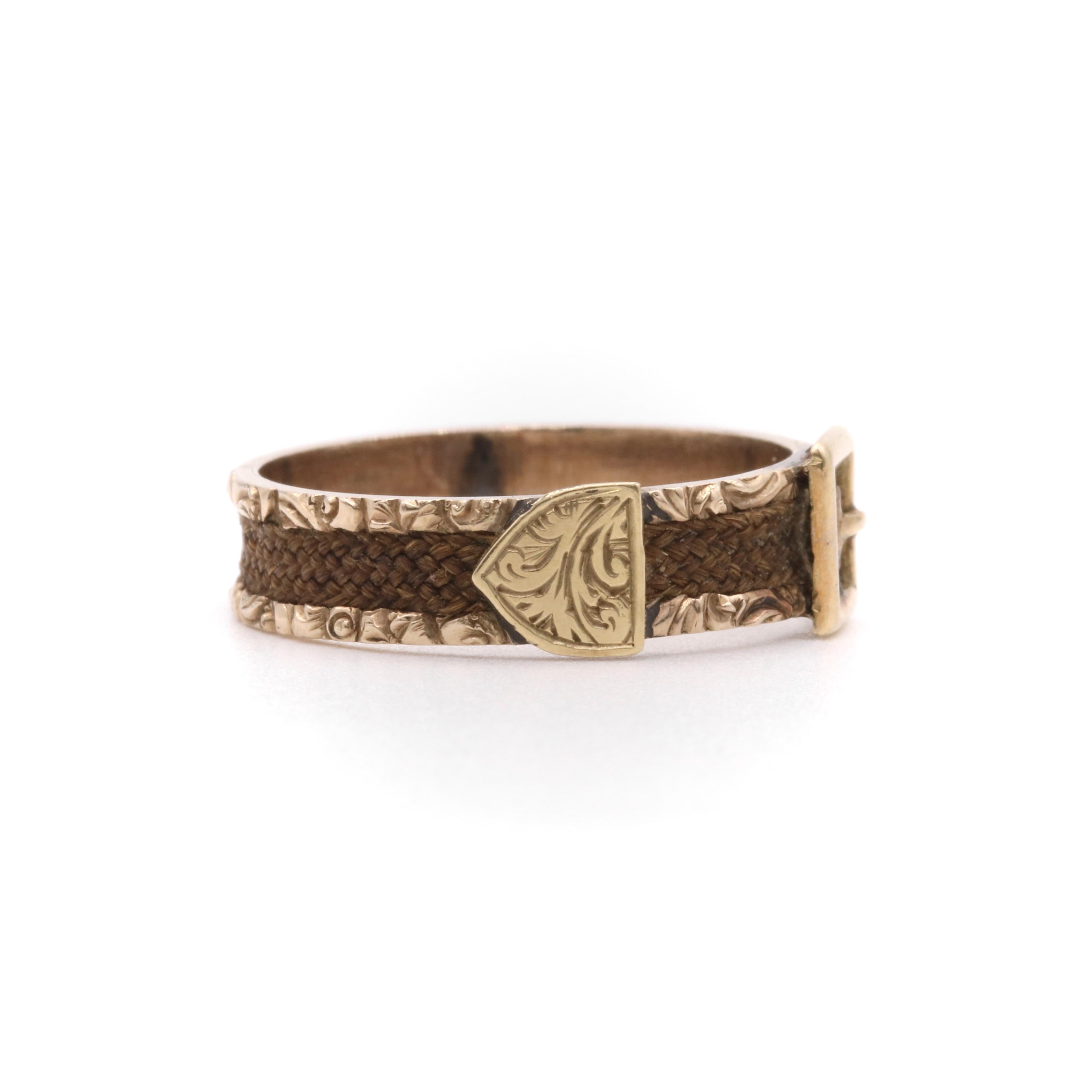 Antique Victorian 9K Yellow Gold Hairwork Mourning Buckle Ring For Sale 2