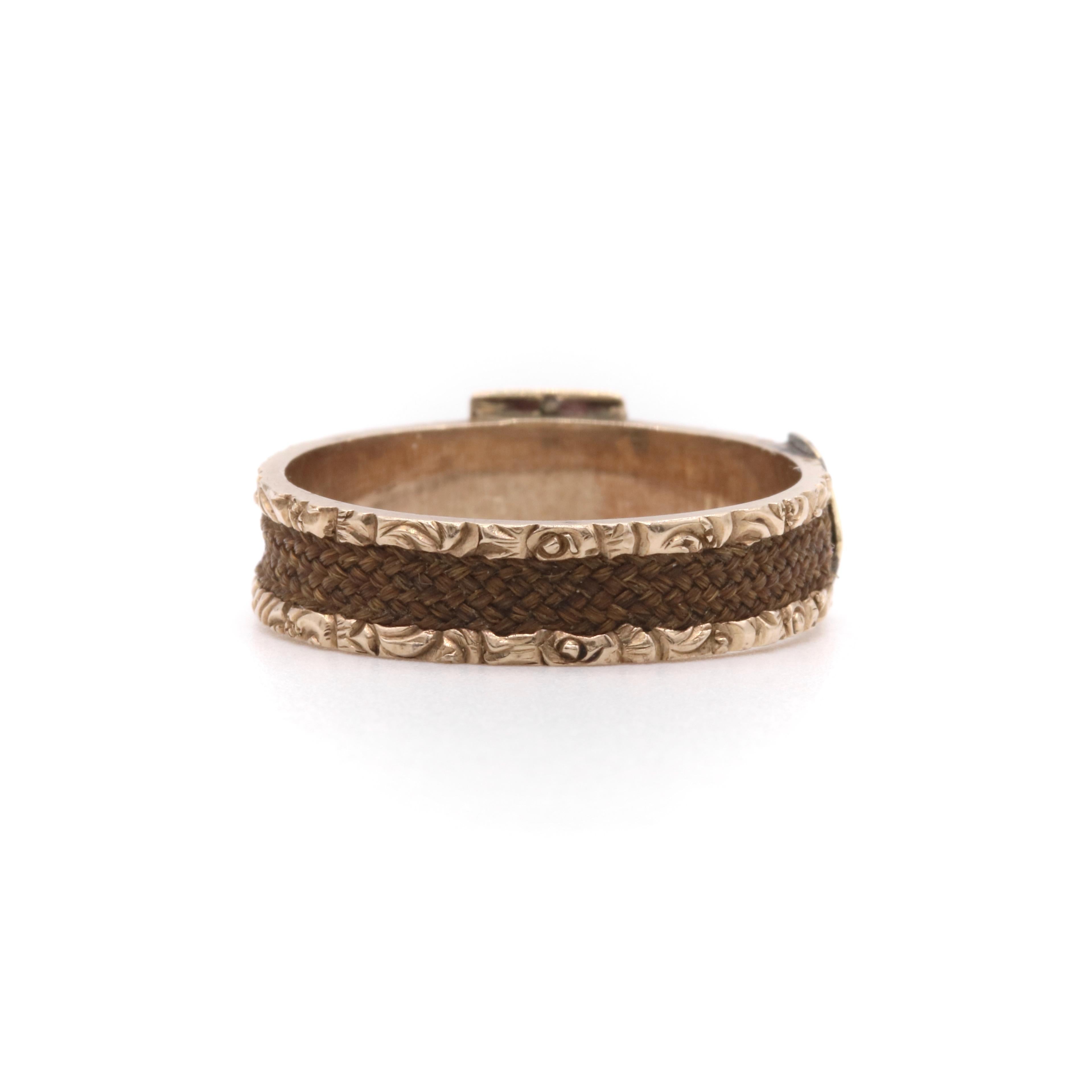 Antique Victorian 9K Yellow Gold Hairwork Mourning Buckle Ring For Sale 3