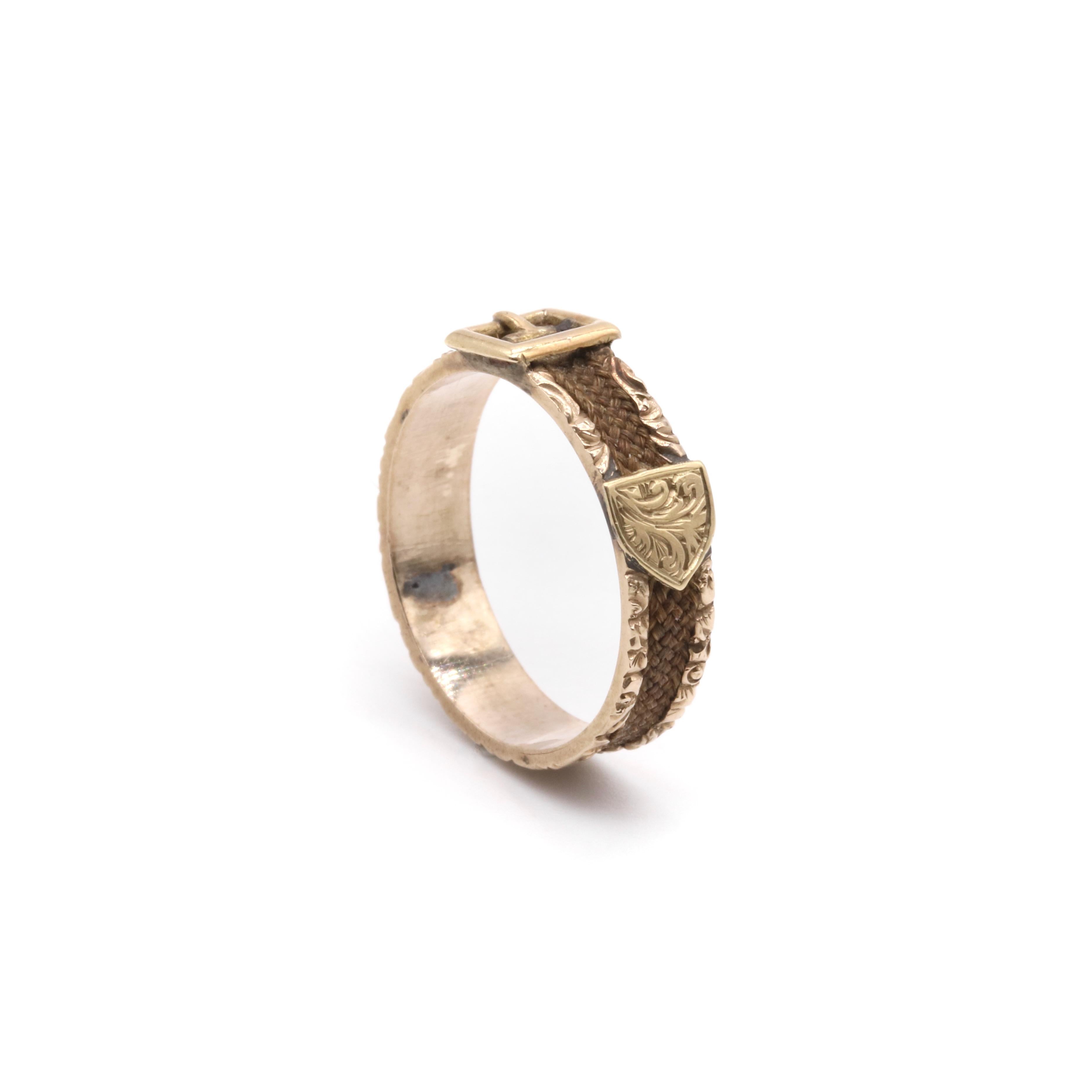 Antique Victorian 9K Yellow Gold Hairwork Mourning Buckle Ring For Sale 4