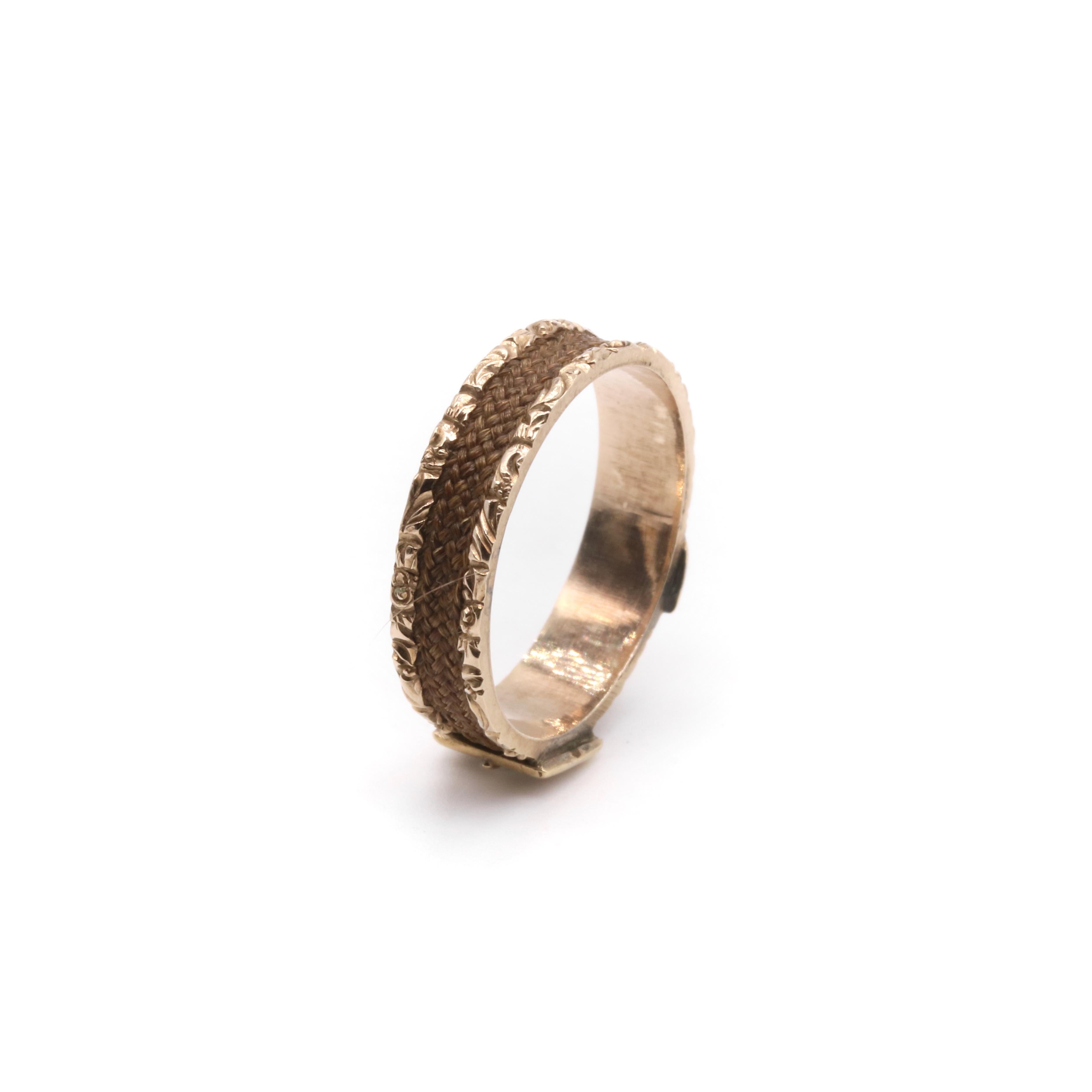 Antique Victorian 9K Yellow Gold Hairwork Mourning Buckle Ring For Sale 5