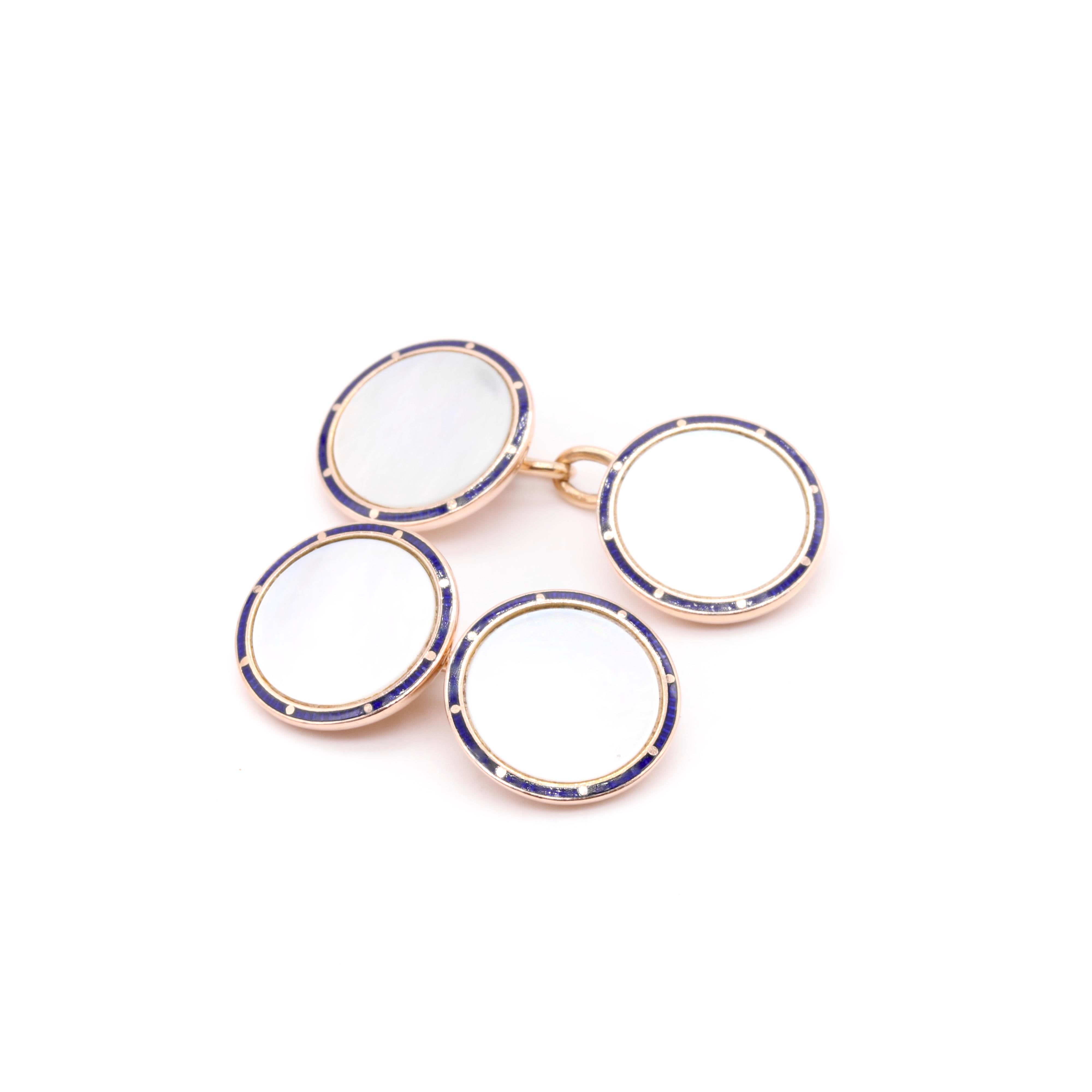 Taille ronde Boutons de manchette victoriens anciens en or jaune 9 carats, nacre et émail bleu en vente