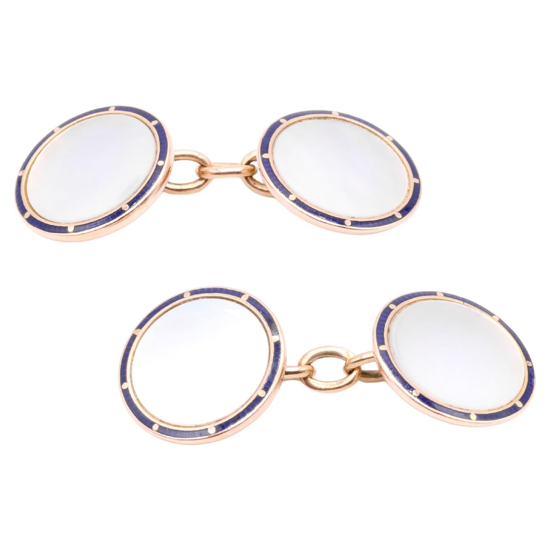 Antique Victorian 9K Yellow Gold Mother of Pearl and Blue Enamel Cufflinks
