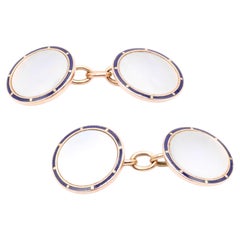 Boutons de manchette victoriens anciens en or jaune 9 carats, nacre et émail bleu