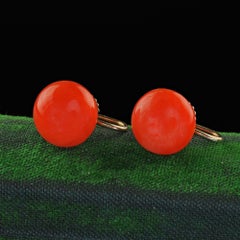 Antique Victorian 9K Yellow Gold Natural Red Coral Screw Back Earrings