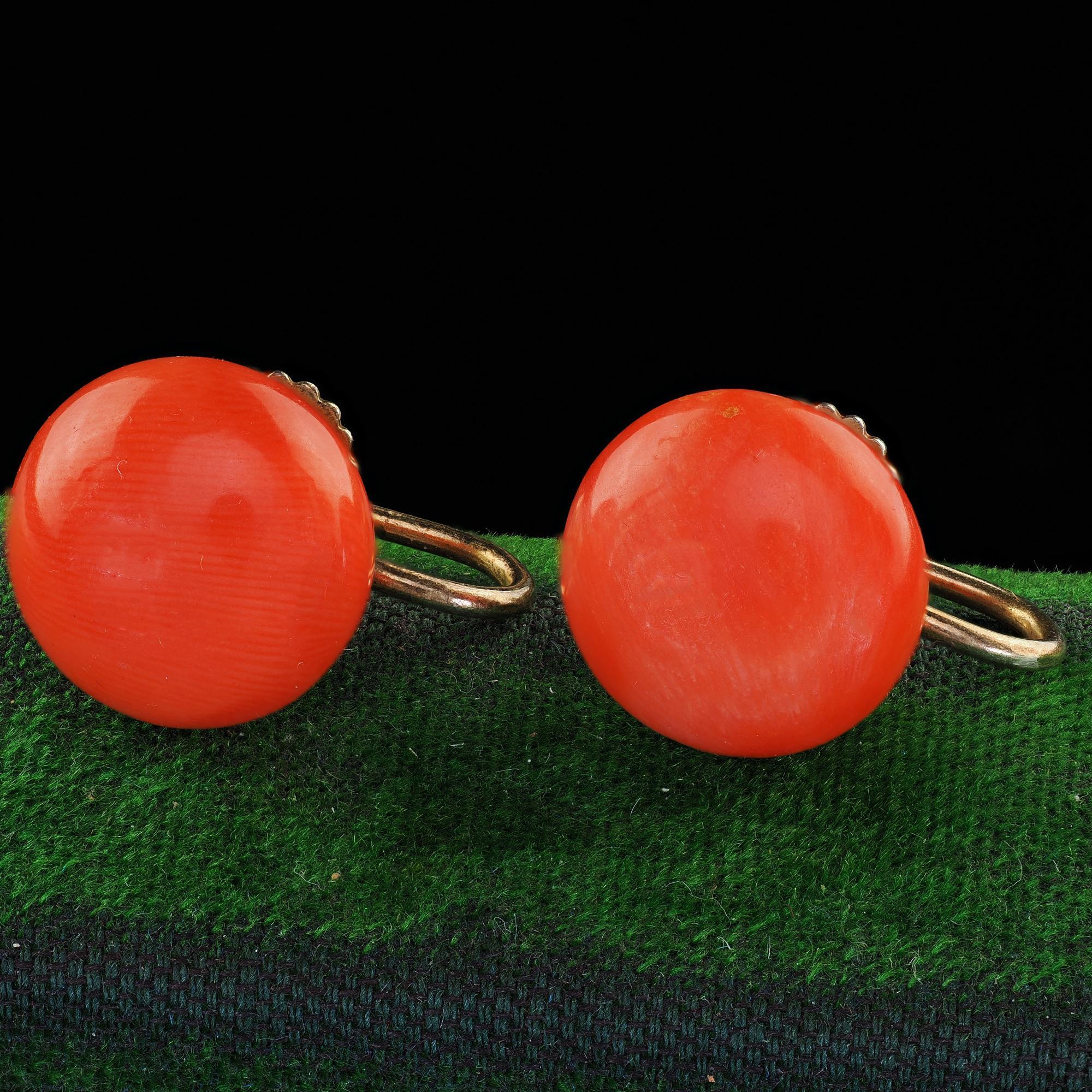 Antique Victorian 9K Yellow Gold Natural Red Coral Screw Back Earrings In Good Condition For Sale In Great Neck, NY