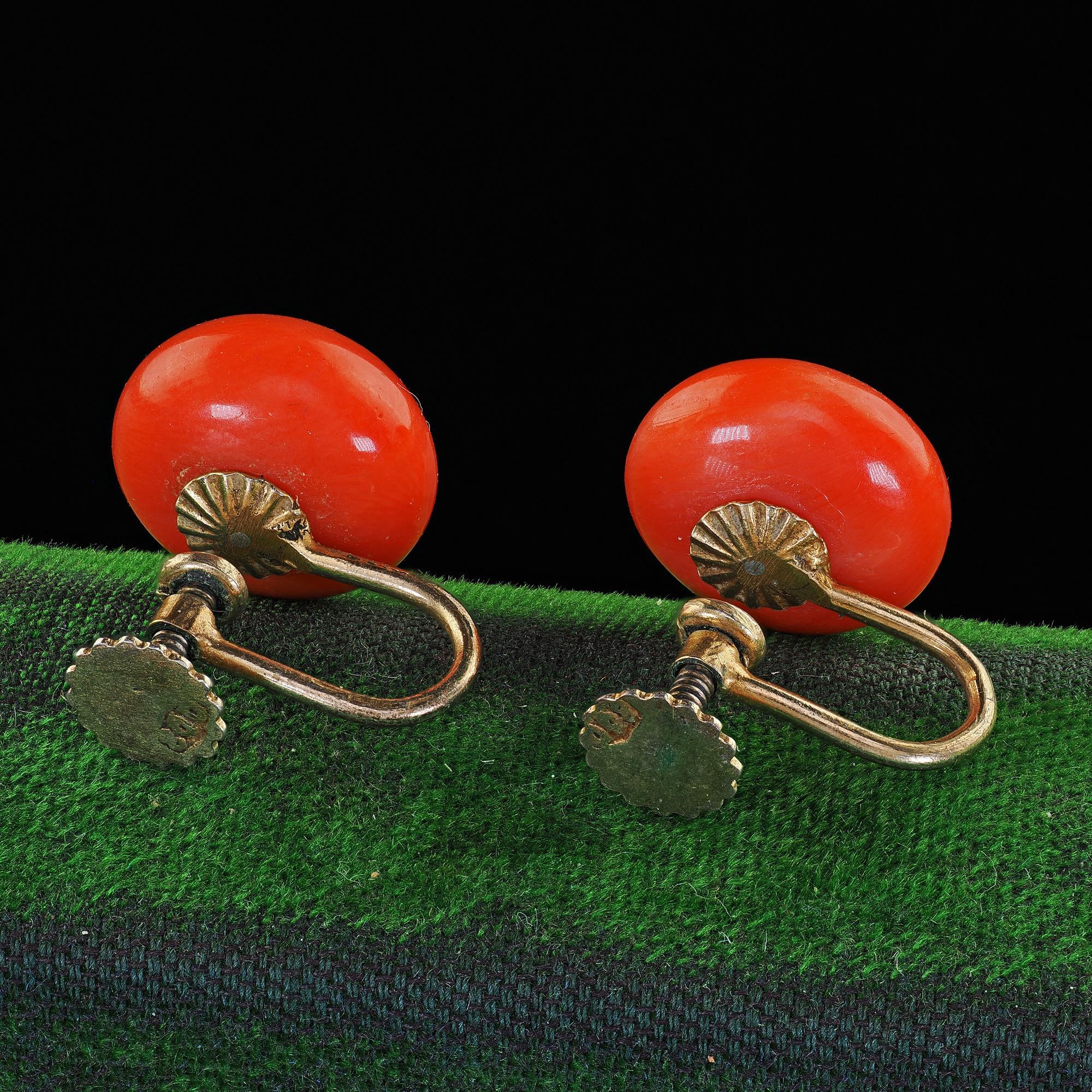 Women's Antique Victorian 9K Yellow Gold Natural Red Coral Screw Back Earrings For Sale