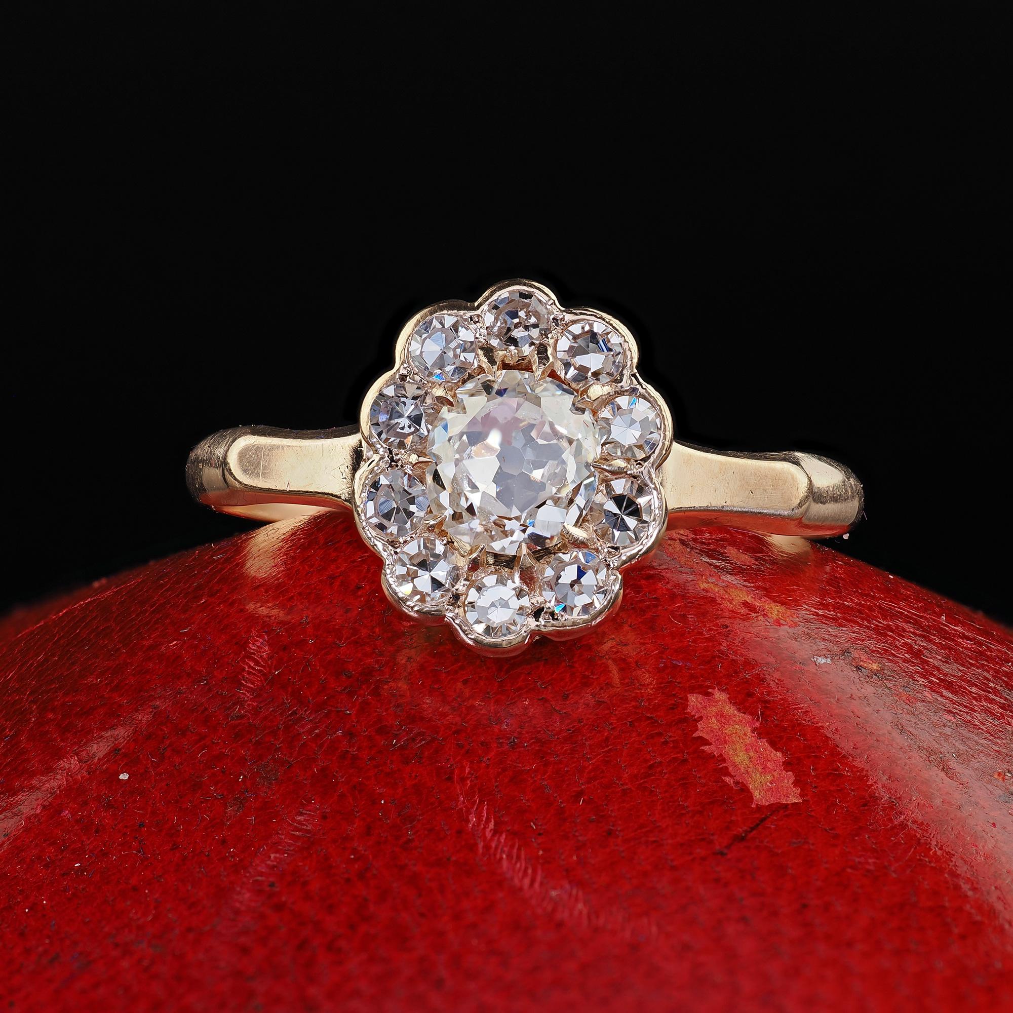 Beautiful Antique Victorian 9K Yellow Gold Old Mine Diamond Cluster Engagement Ring. This gorgeous Victorian old mine diamond engagement ring is crafted in 9k yellow gold. This beautiful ring features an elongated old mine cut diamond that has