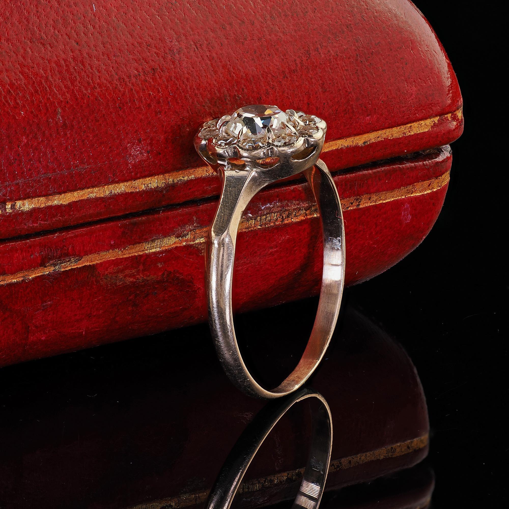 Old Mine Cut Antique Victorian 9K Yellow Gold Old Mine Diamond Cluster Engagement Ring