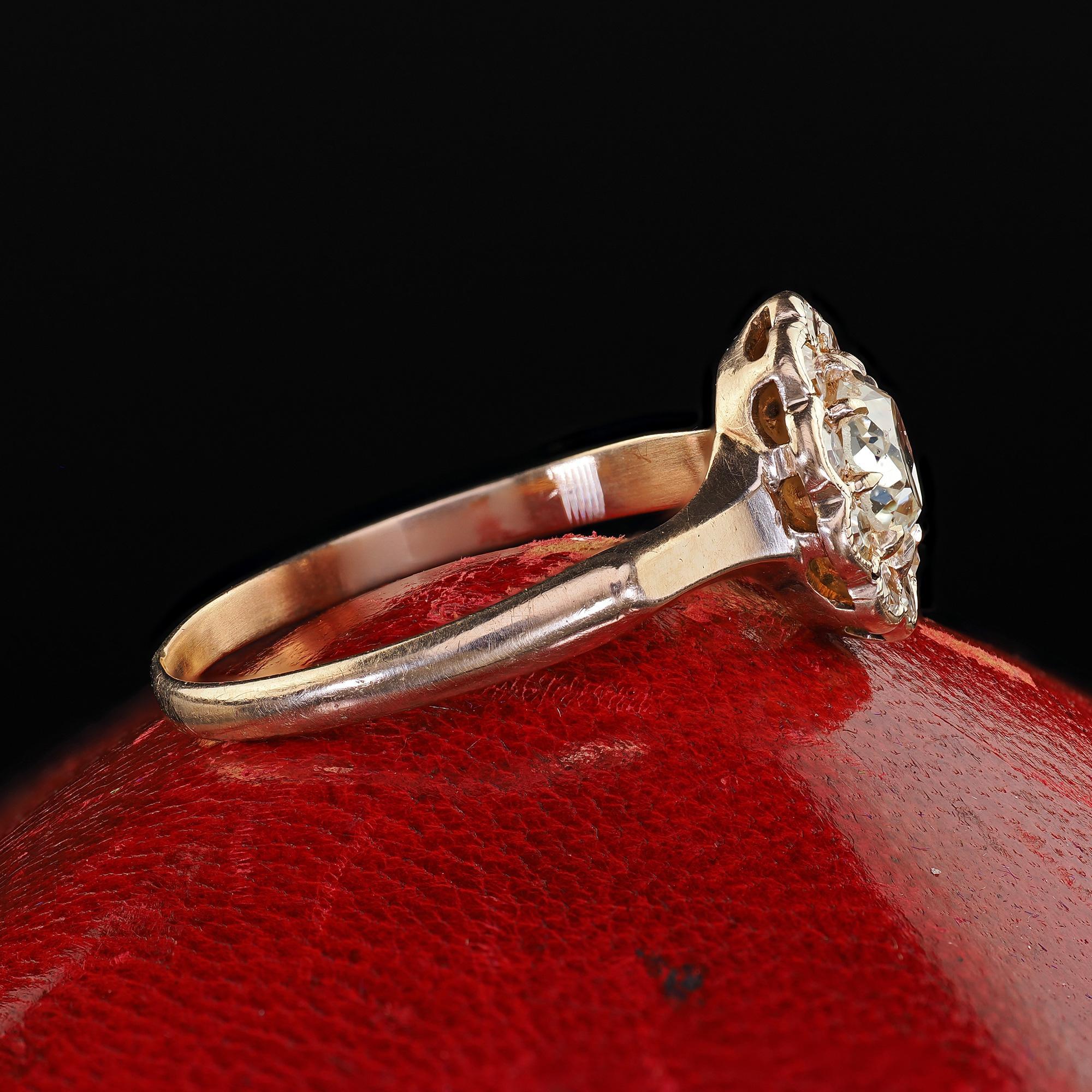 Antique Victorian 9K Yellow Gold Old Mine Diamond Cluster Engagement Ring In Good Condition In Great Neck, NY
