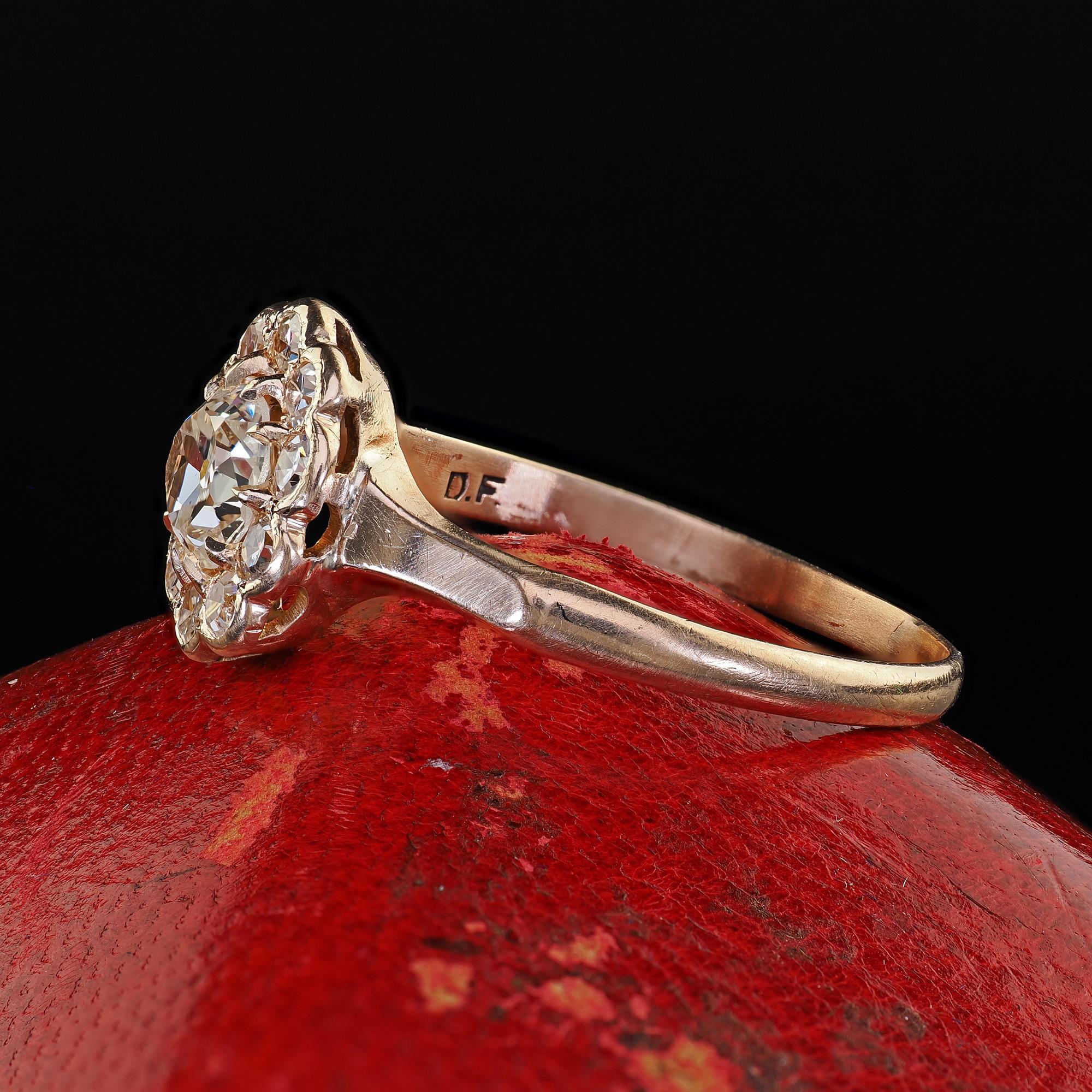 Women's Antique Victorian 9K Yellow Gold Old Mine Diamond Cluster Engagement Ring