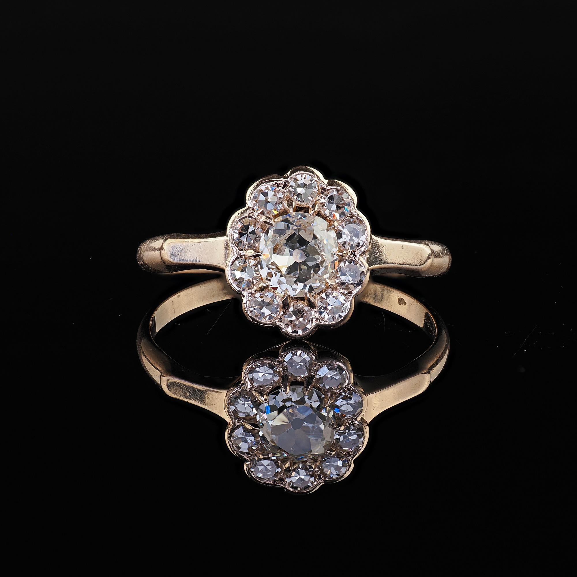 Antique Victorian 9K Yellow Gold Old Mine Diamond Cluster Engagement Ring 2