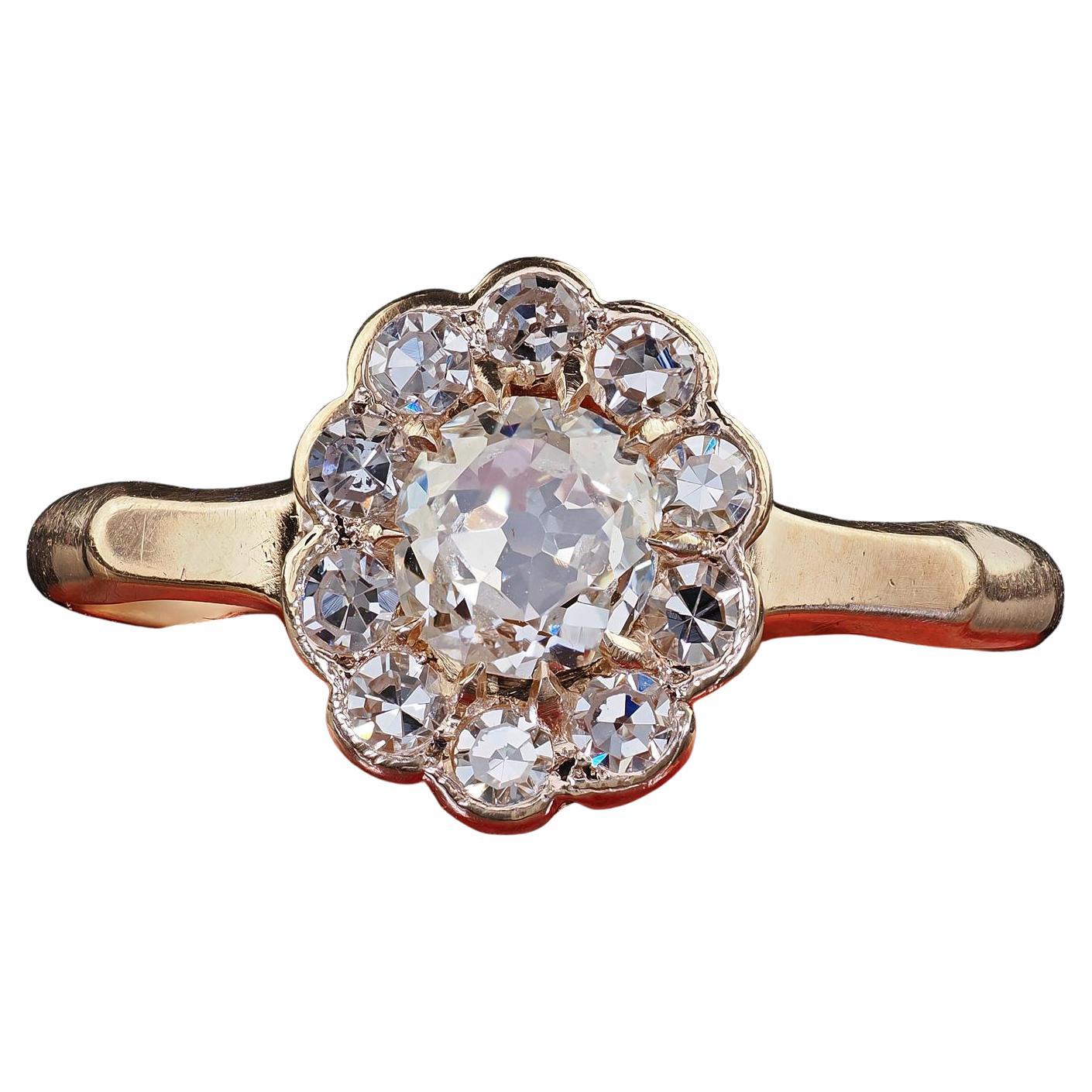 Antique Victorian 9K Yellow Gold Old Mine Diamond Cluster Engagement Ring