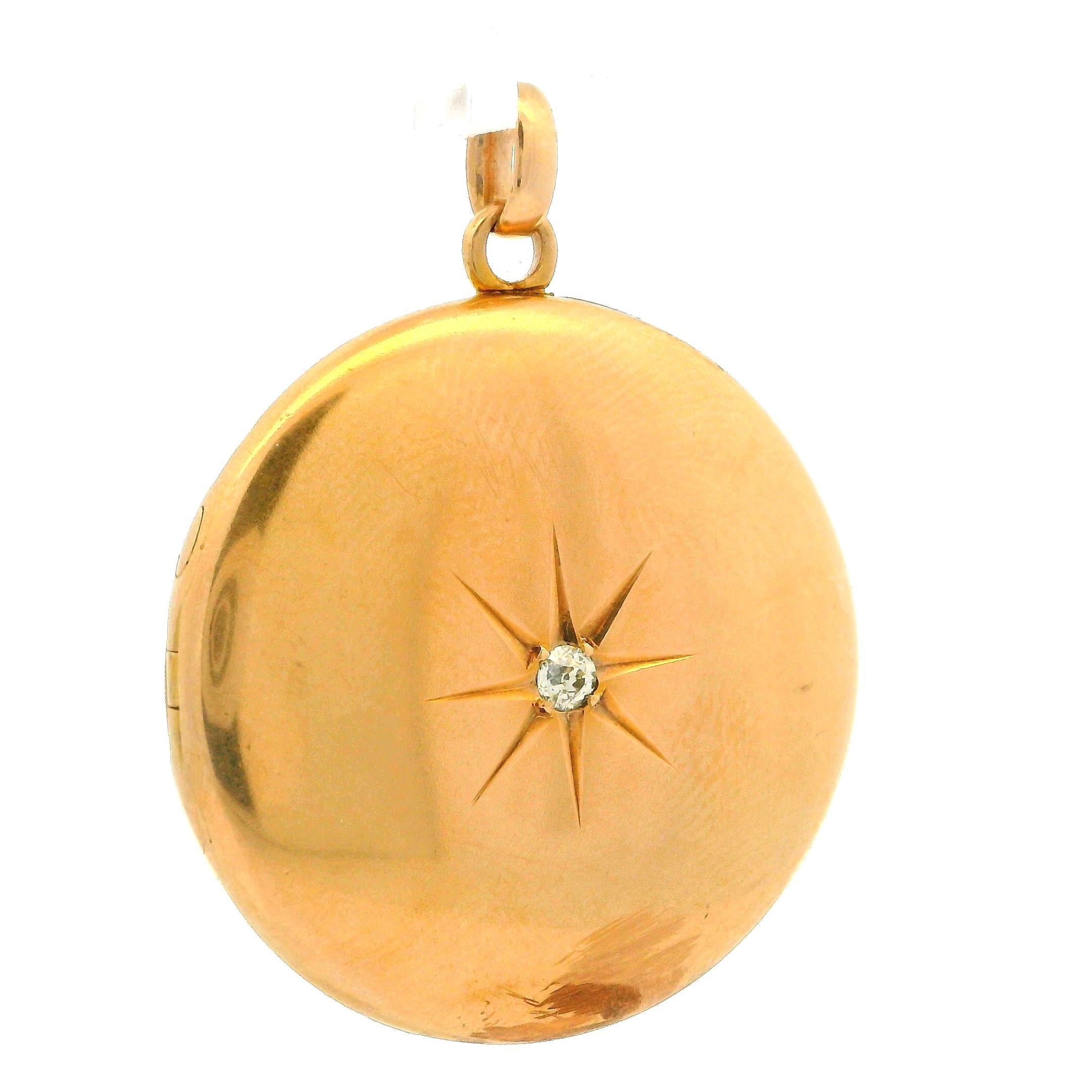 Old Mine Cut Antique Victorian 9k Yellow Gold Old Mine Diamond Open Locket Pendant