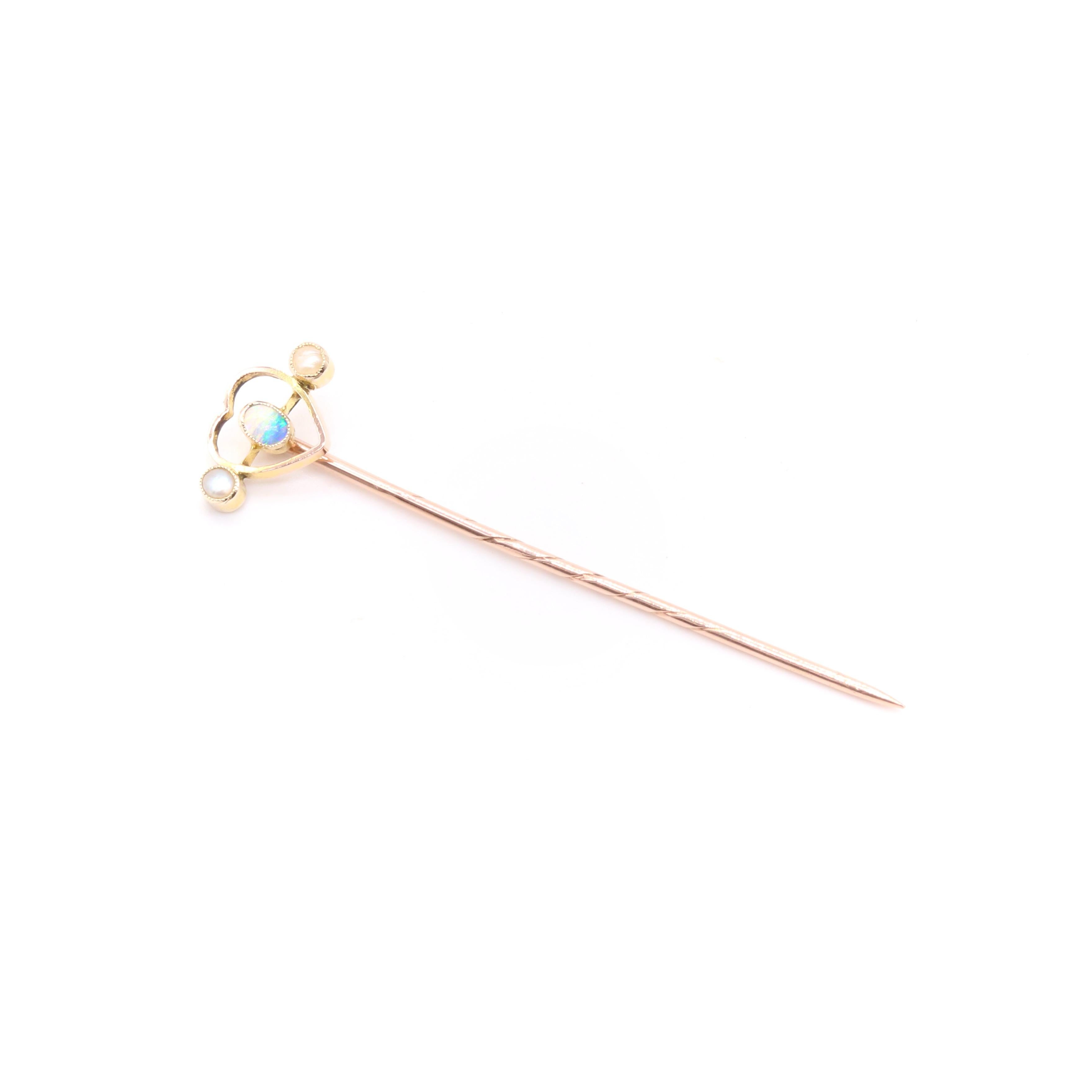 Cabochon Antique Victorian 9K Yellow Gold Opal and Pearl Heart Shaped Stick Pin For Sale