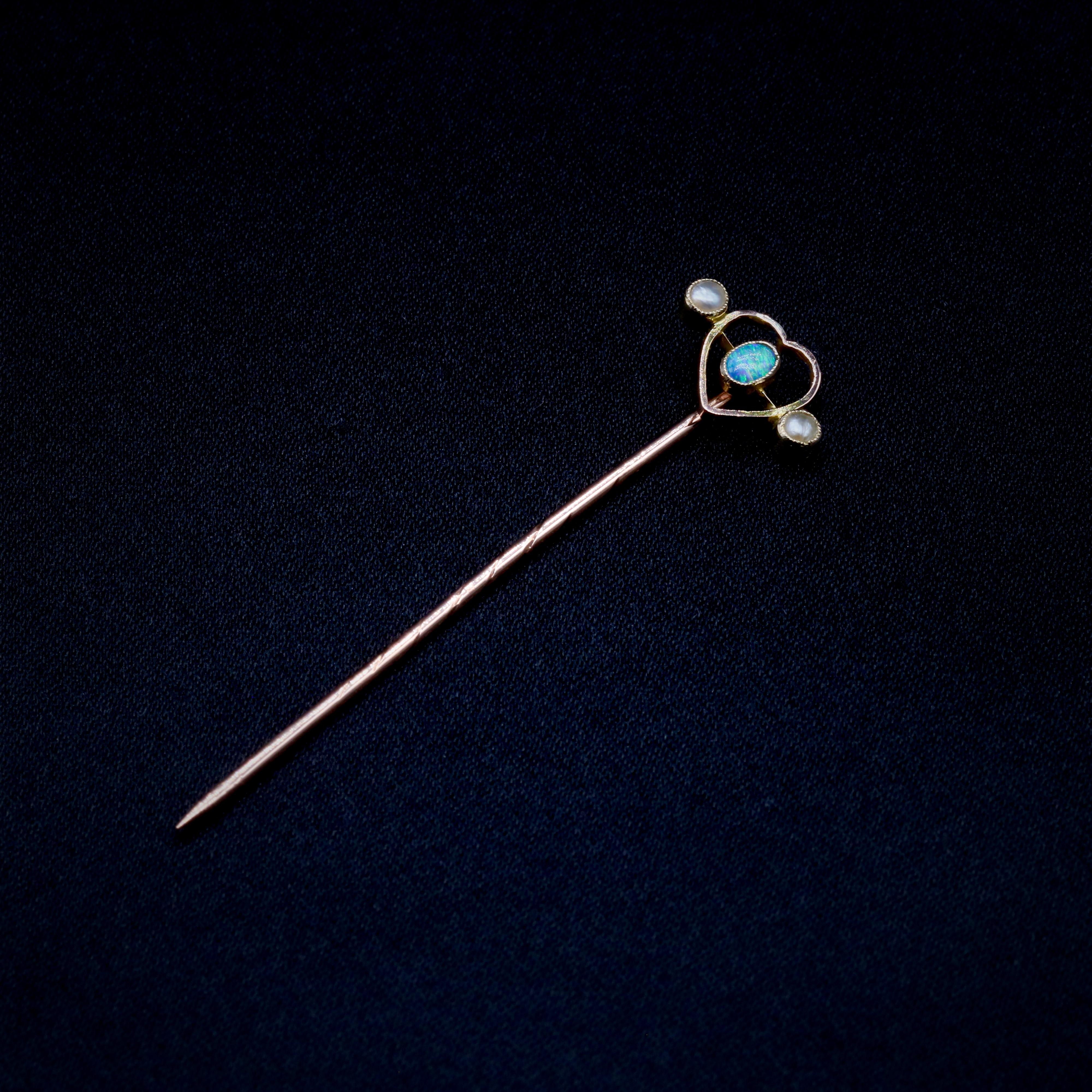 Women's or Men's Antique Victorian 9K Yellow Gold Opal and Pearl Heart Shaped Stick Pin For Sale