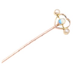 Antique Victorian 9K Yellow Gold Opal and Pearl Heart Shaped Stick Pin