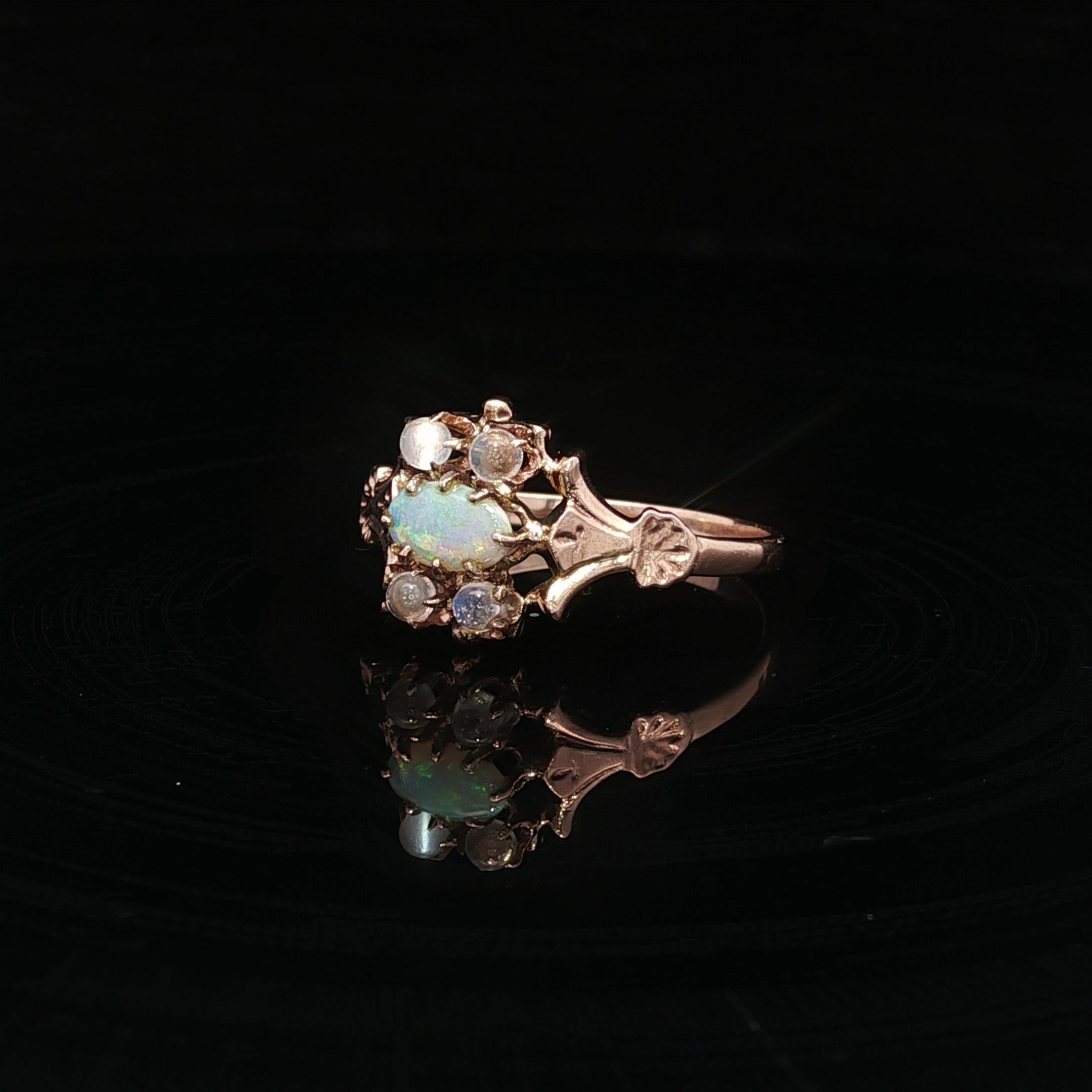 Antique Victorian 9k Yellow Gold Opal & Moonstone Foliage Ring For Sale 5