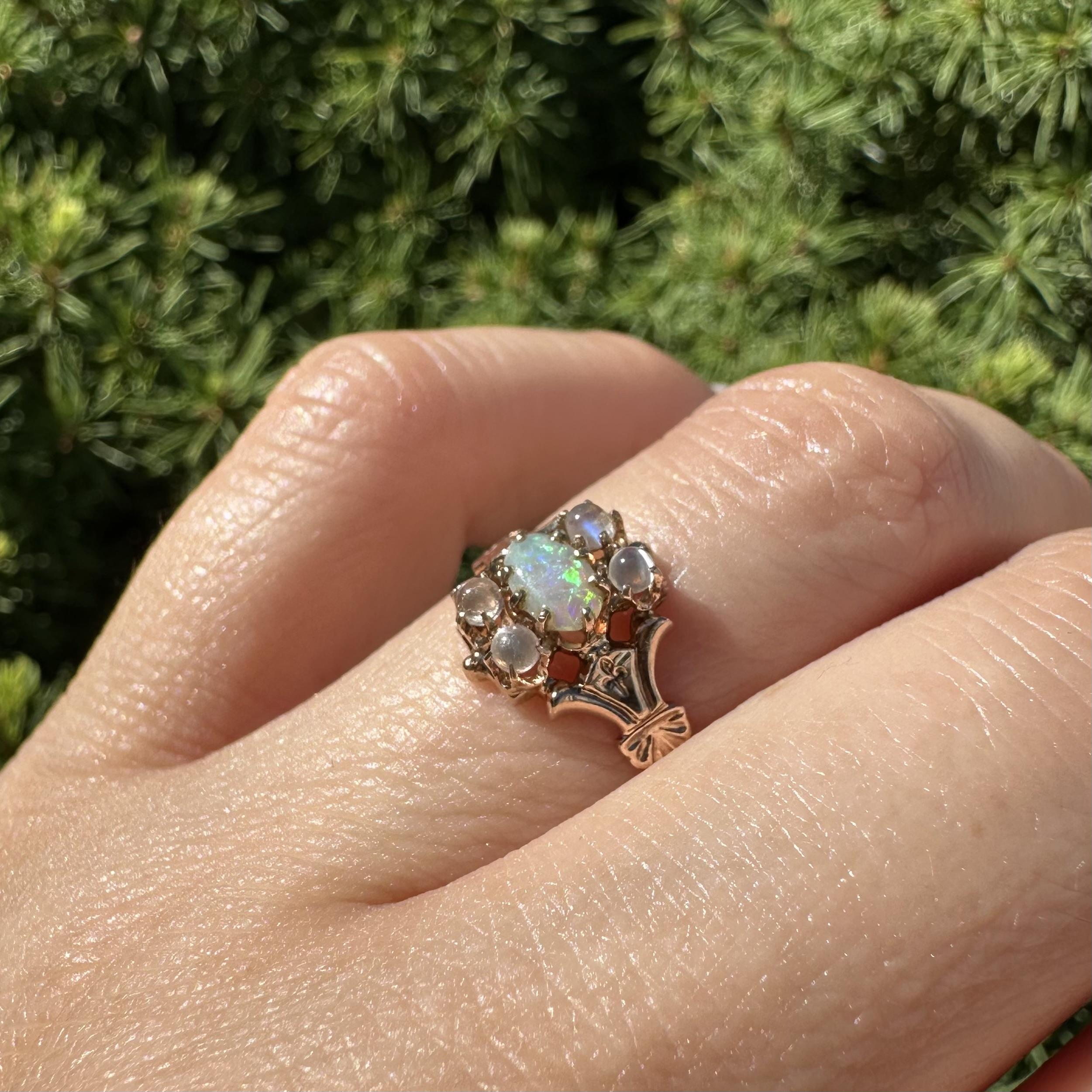 Antique Victorian 9k Yellow Gold Opal & Moonstone Foliage Ring For Sale 9
