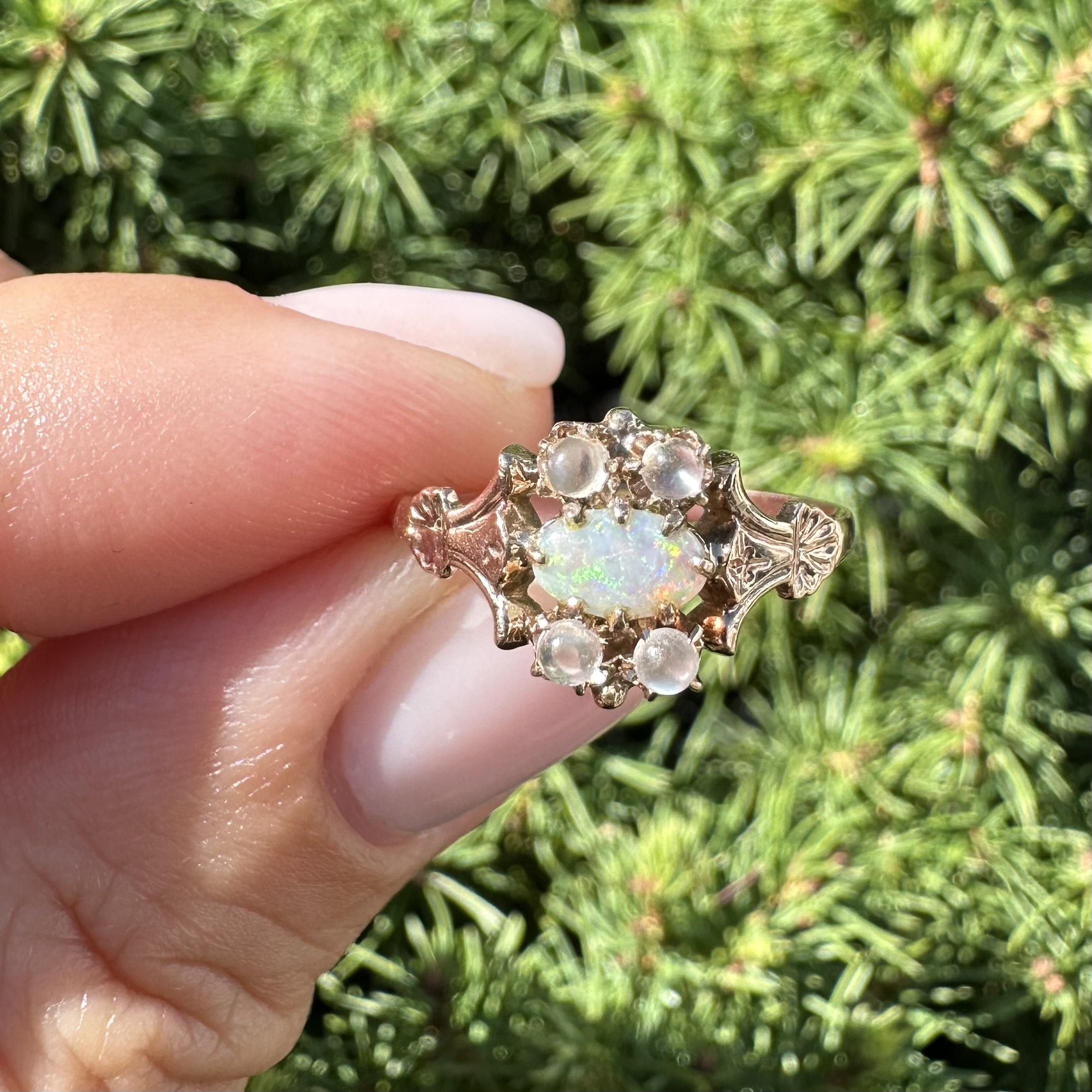 Antique Victorian 9k Yellow Gold Opal & Moonstone Foliage Ring For Sale 10