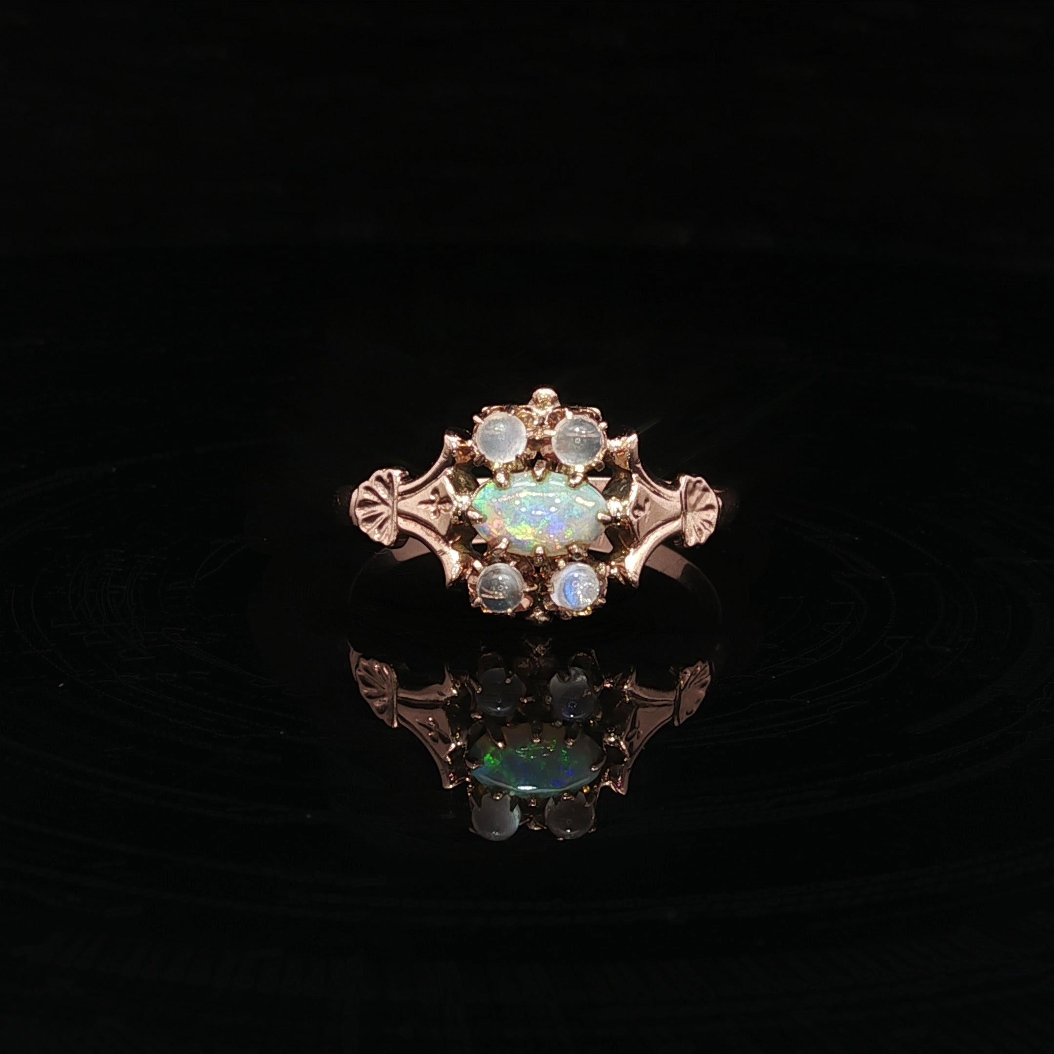 Antique Victorian 9k Yellow Gold Opal & Moonstone Foliage Ring For Sale 4