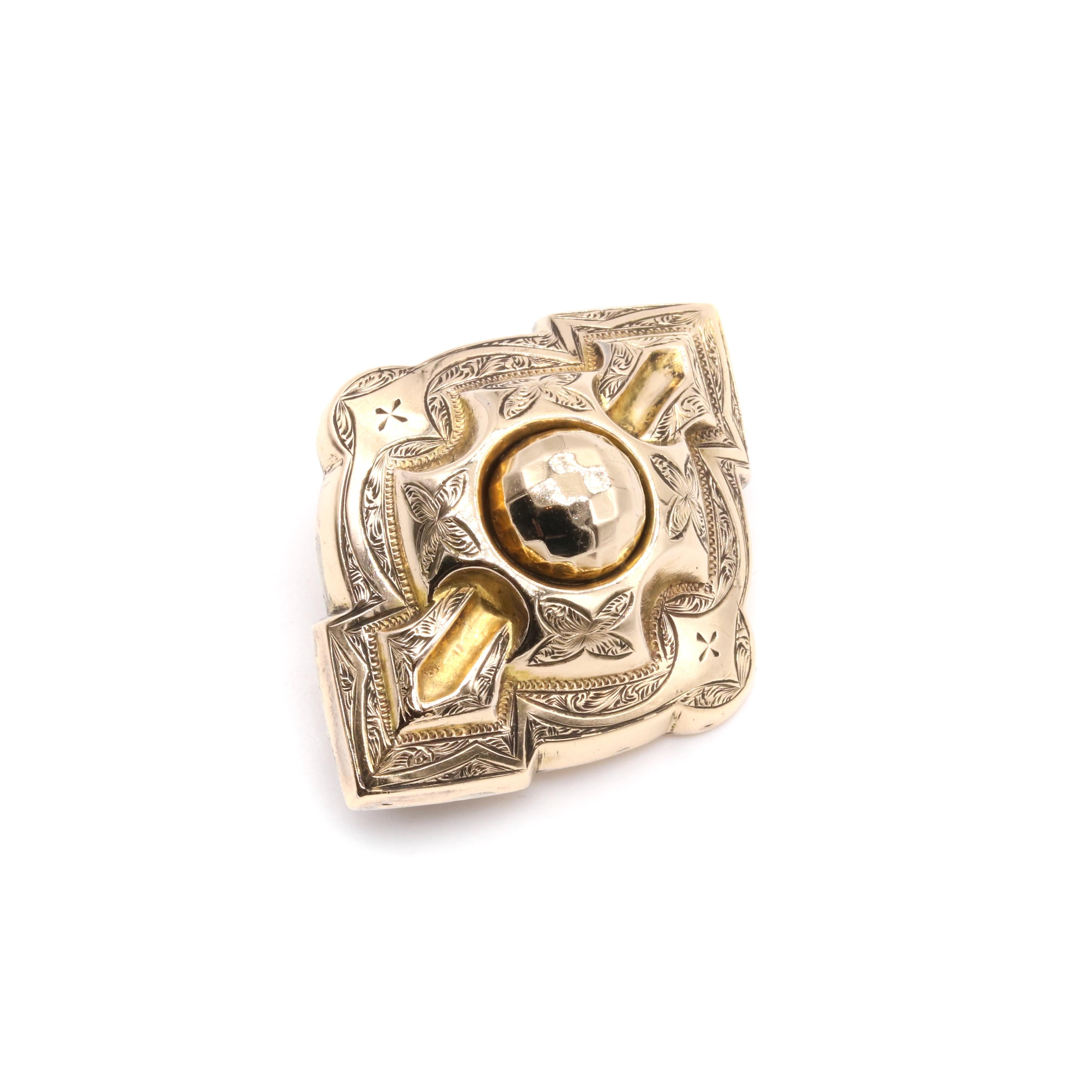 Women's or Men's Antique Victorian 9K Yellow Gold Ornate Engraved Brooch For Sale