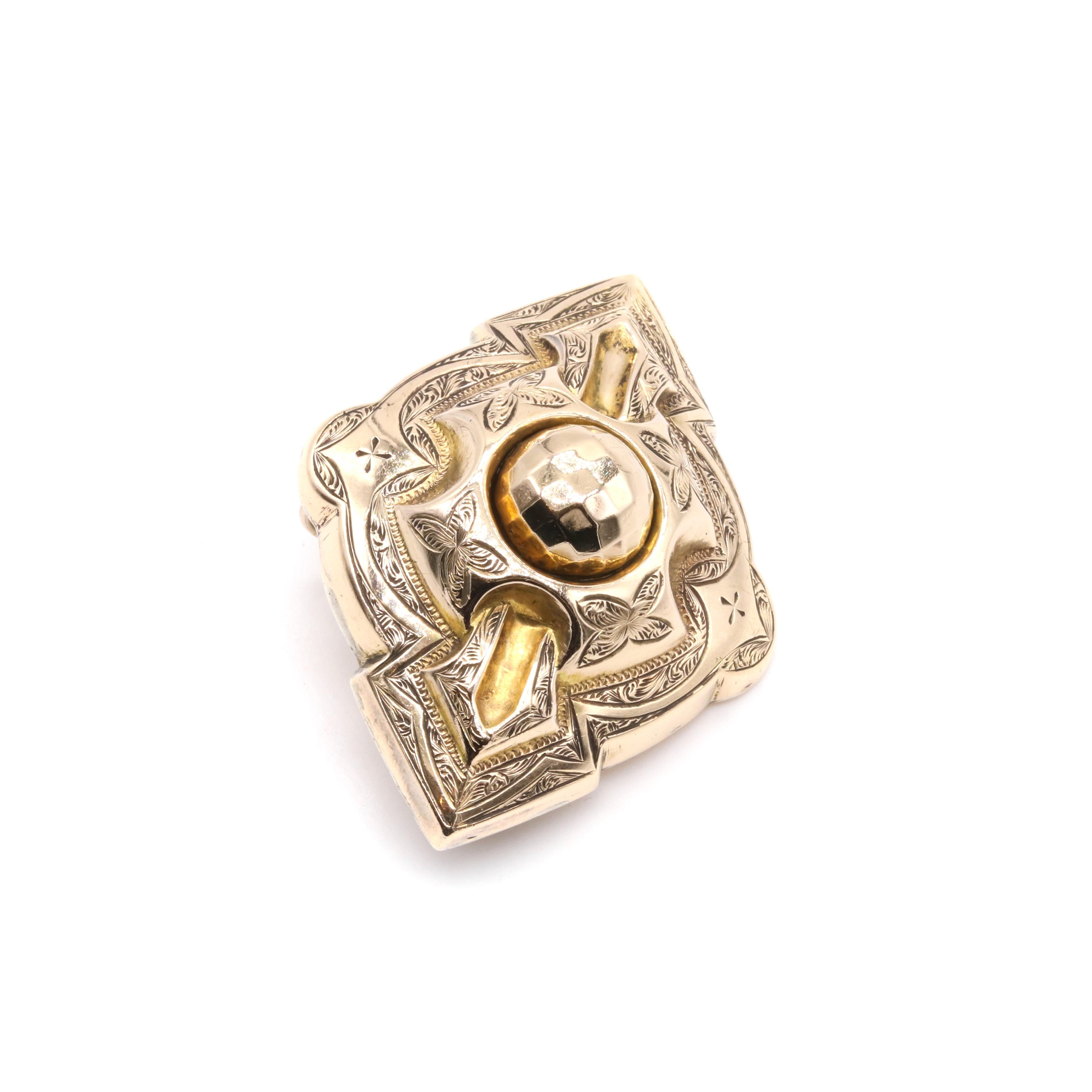 Antique Victorian 9K Yellow Gold Ornate Engraved Brooch For Sale 1