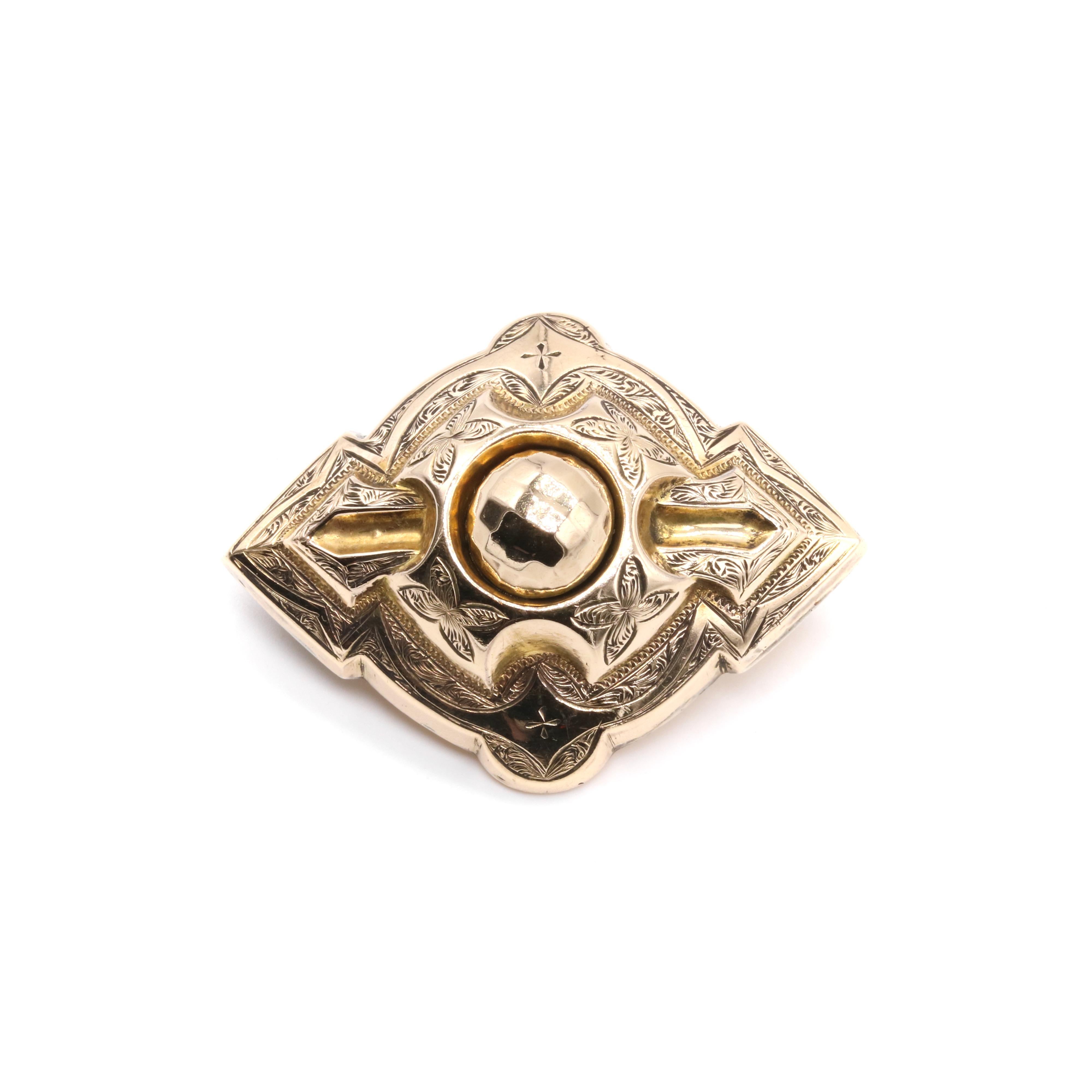 Antique Victorian 9K Yellow Gold Ornate Engraved Brooch For Sale 2