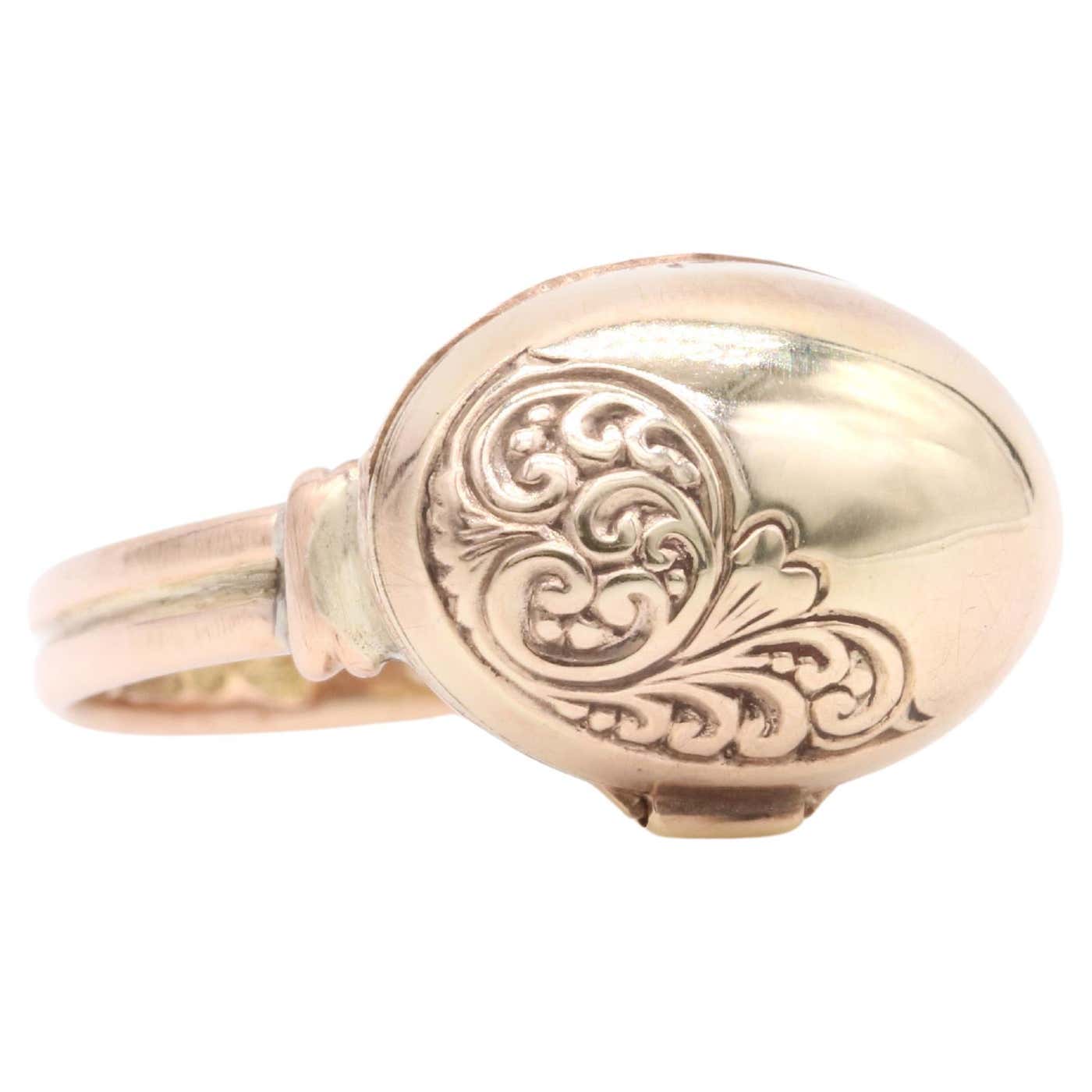 Antique Victorian 9K Yellow Gold Oval Engraved Locket Ring at 1stDibs ...