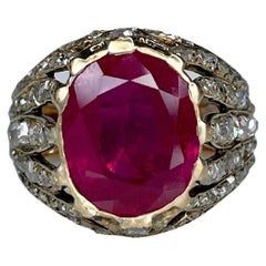 Antique Victorian 9K Yellow Gold Oval Ruby Rose Cute Diamonds Cocktail Ring