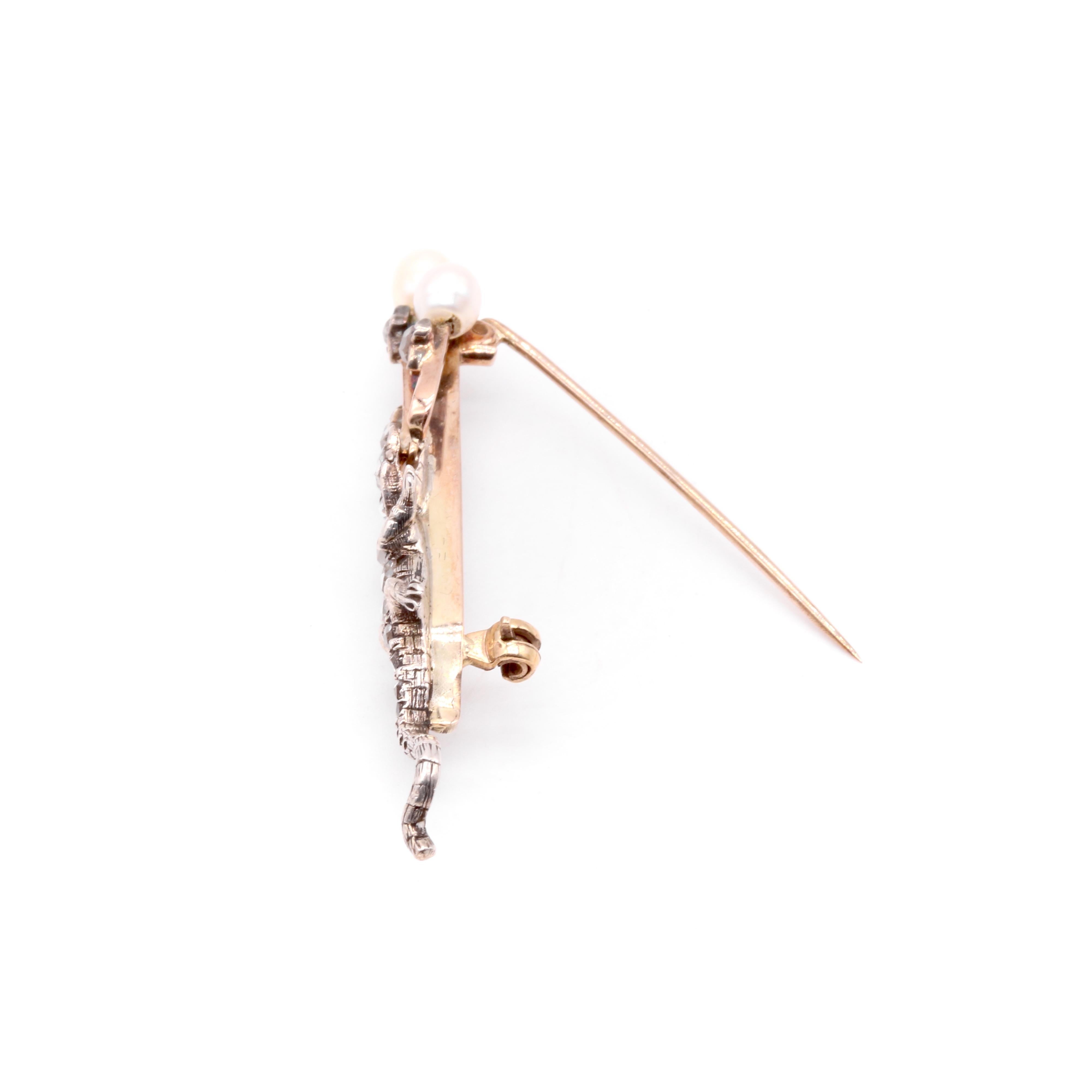 Antique Victorian 9K Yellow Gold & Silver Diamond and Pearl Salamander Brooch For Sale 5