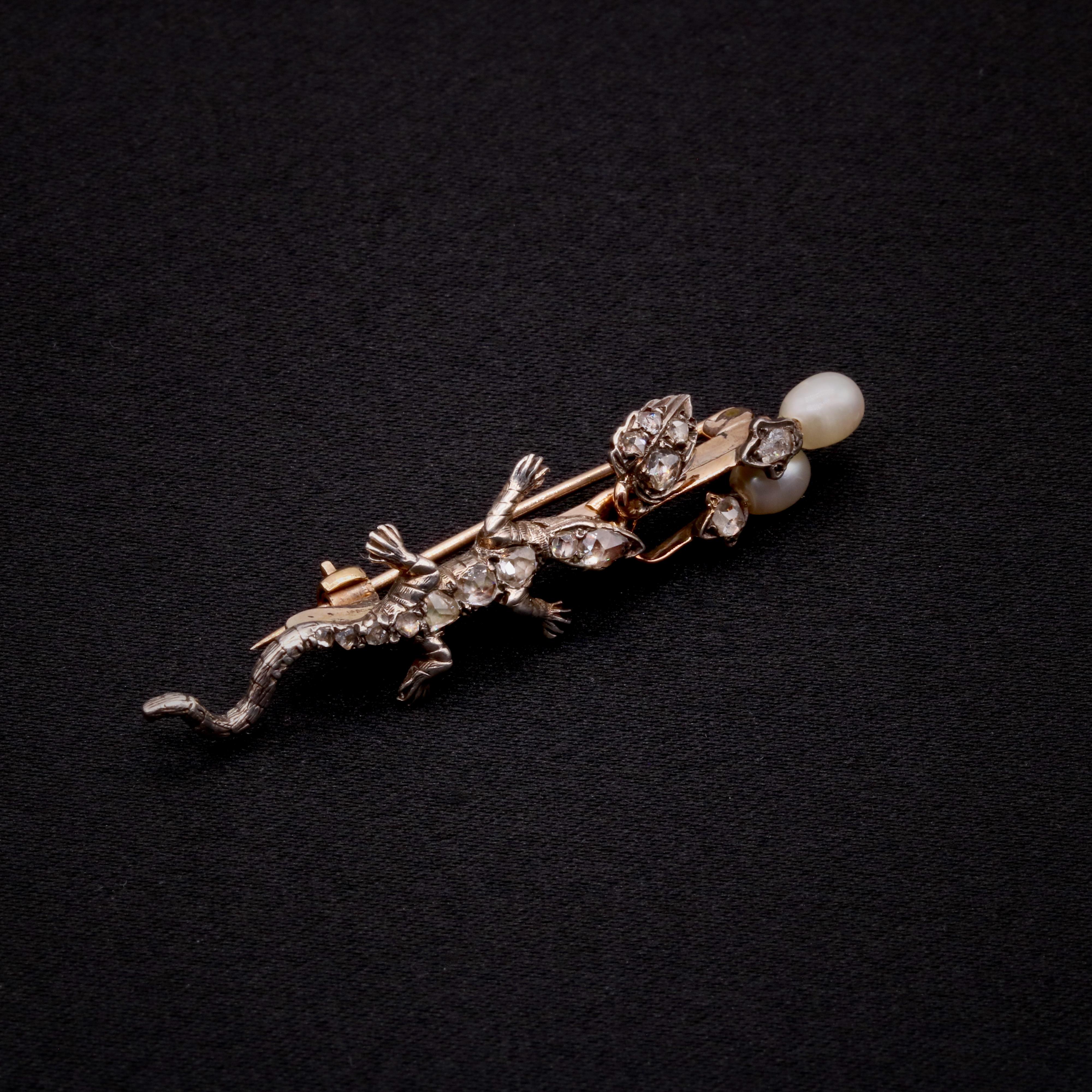 Rose Cut Antique Victorian 9K Yellow Gold & Silver Diamond and Pearl Salamander Brooch For Sale