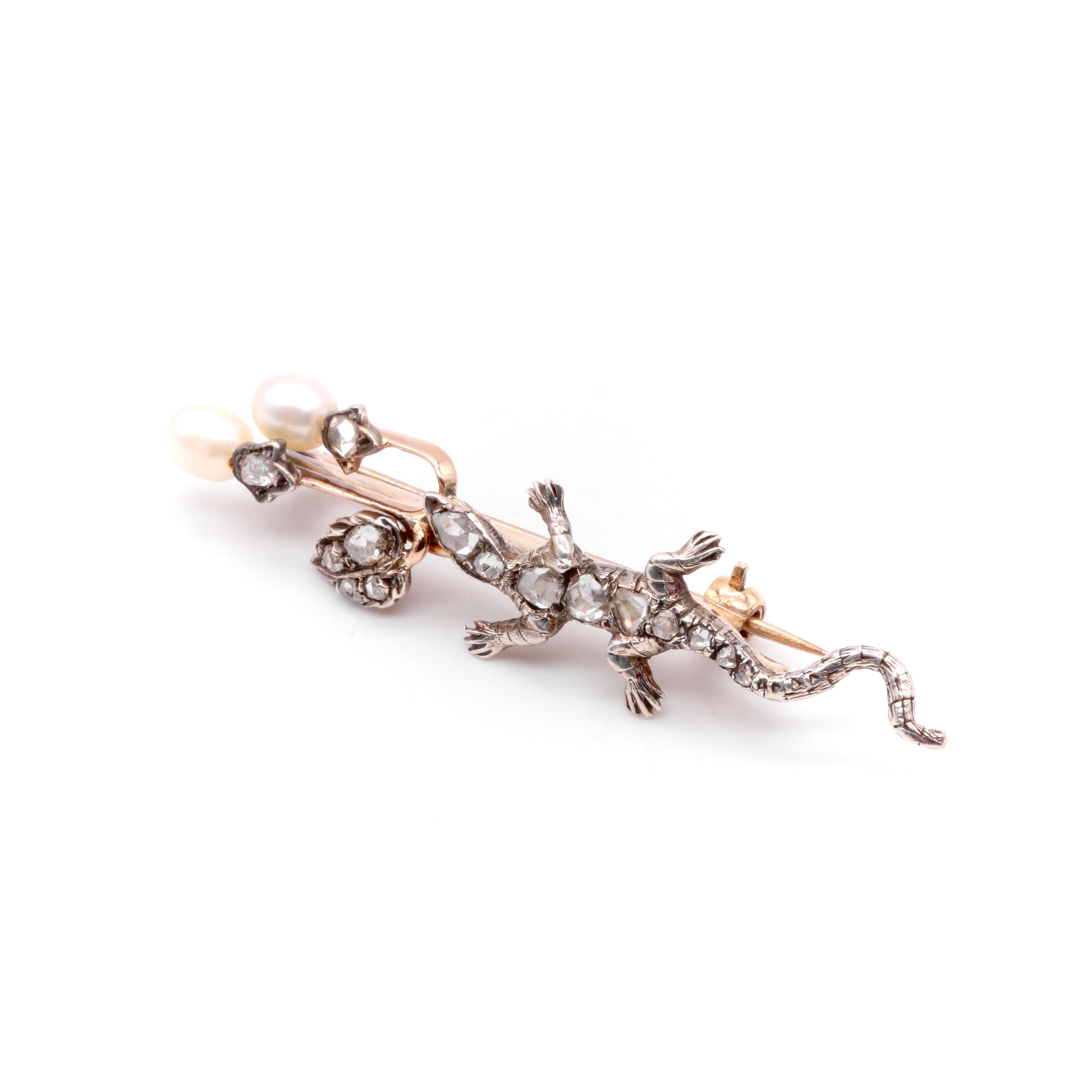 Antique Victorian 9K Yellow Gold & Silver Diamond and Pearl Salamander Brooch For Sale 1
