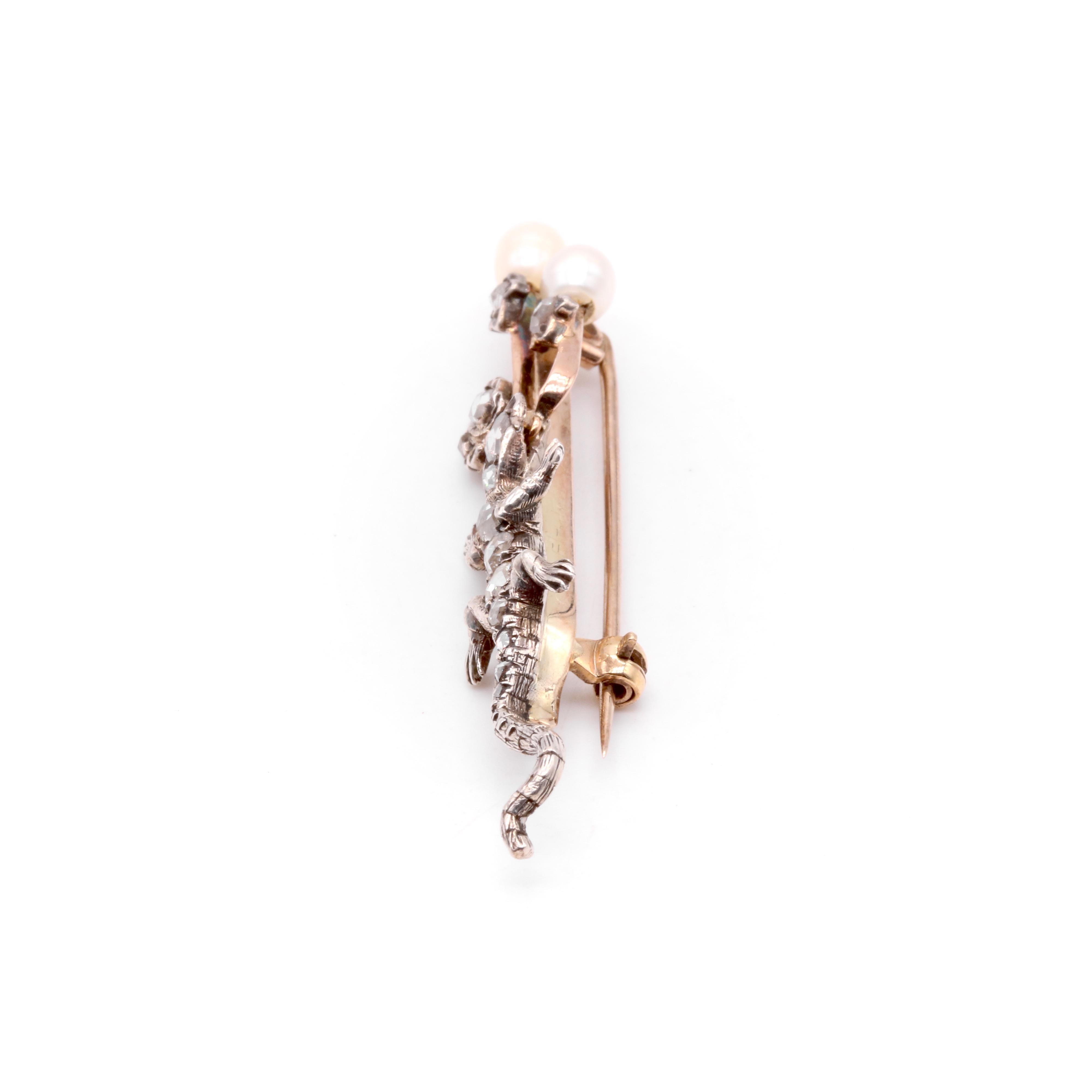 Antique Victorian 9K Yellow Gold & Silver Diamond and Pearl Salamander Brooch For Sale 2