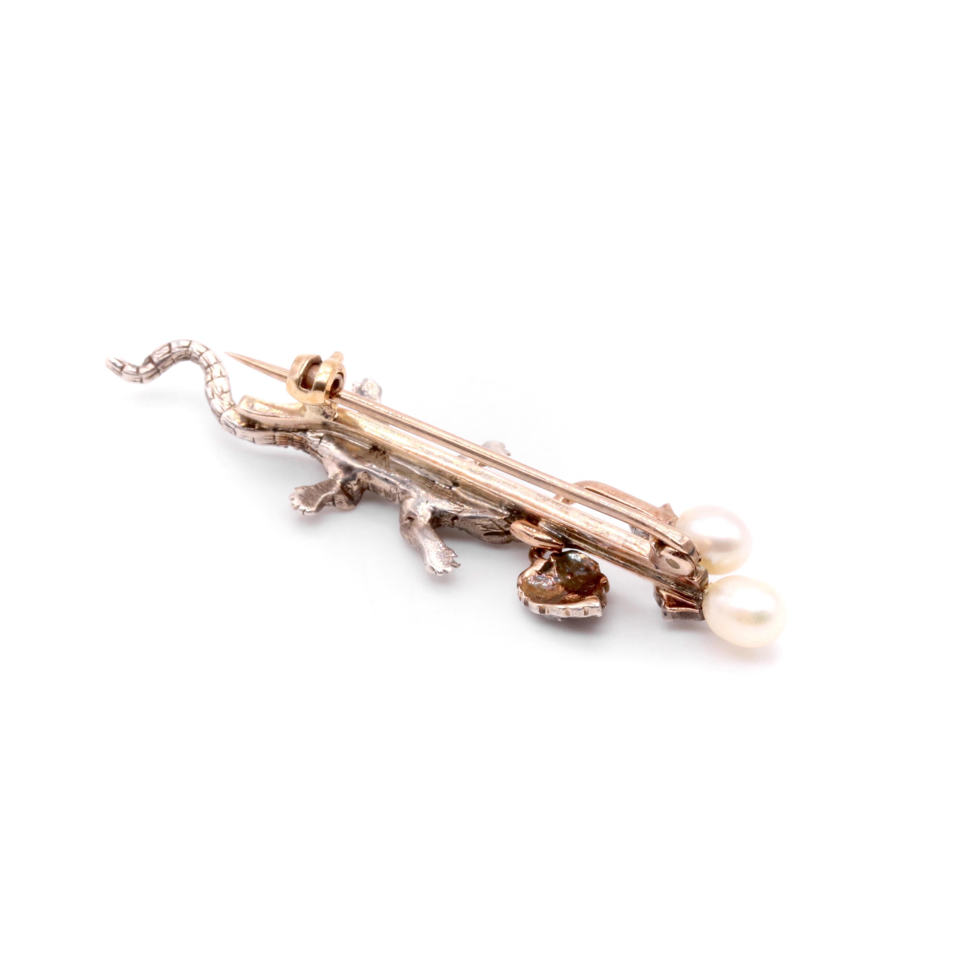 Antique Victorian 9K Yellow Gold & Silver Diamond and Pearl Salamander Brooch For Sale 4