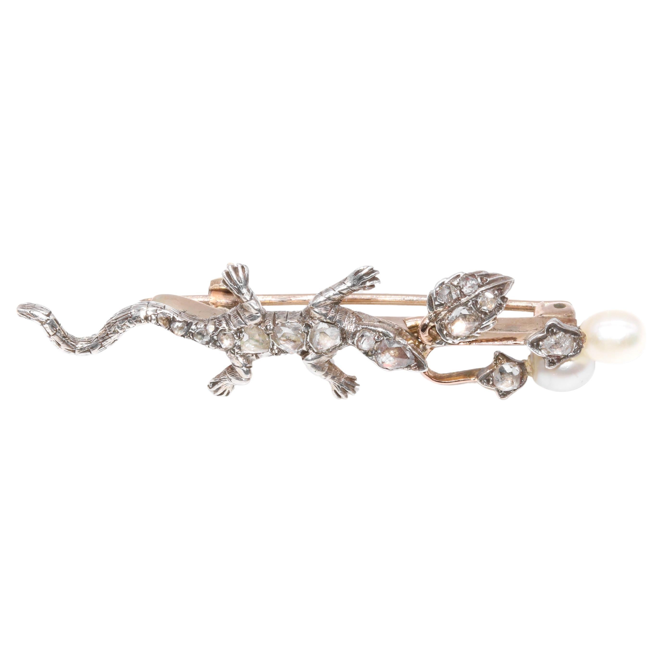 Antique Victorian 9K Yellow Gold & Silver Diamond and Pearl Salamander Brooch