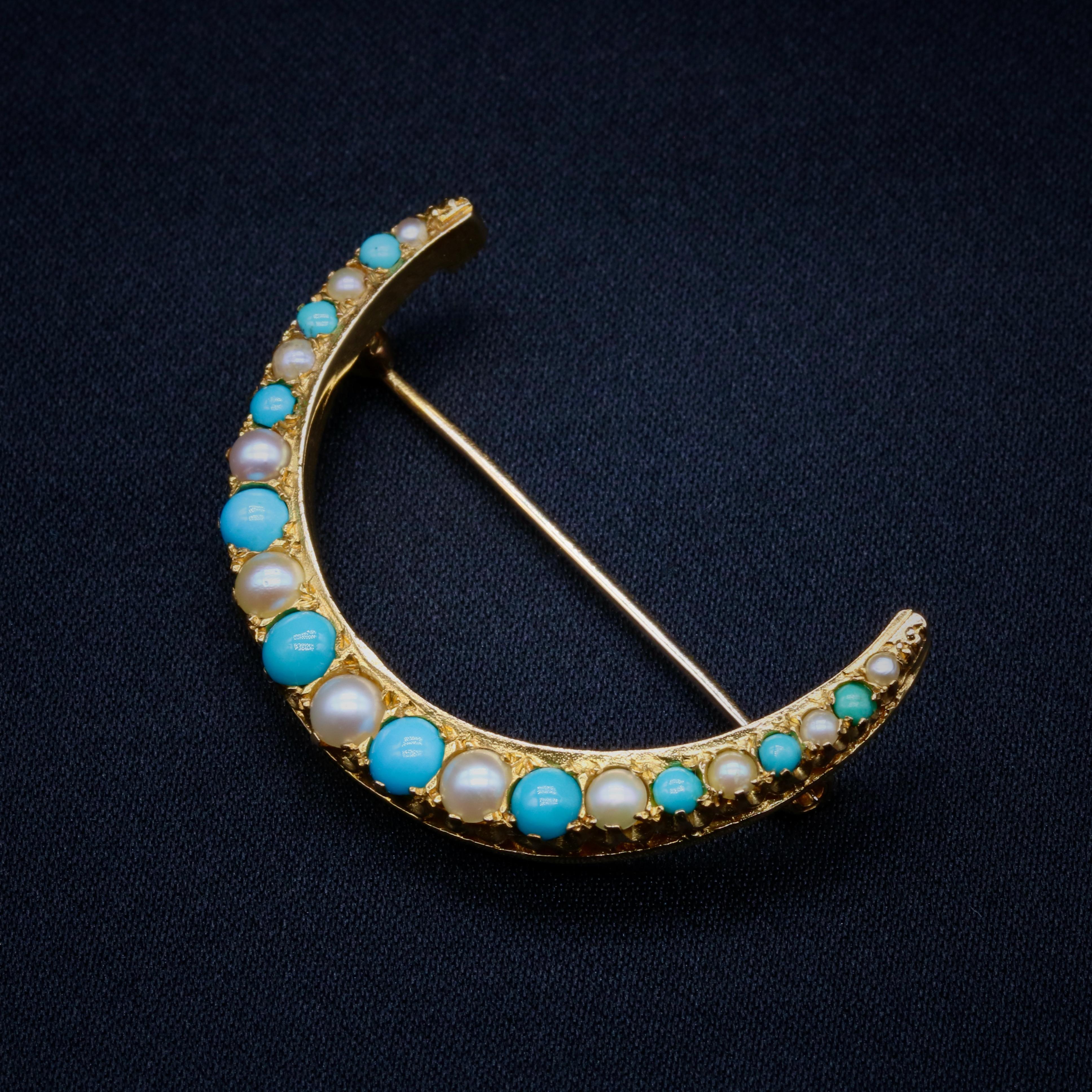 Round Cut Antique Victorian 9K Yellow Gold Turquoise and Pearl Crescent Brooch For Sale