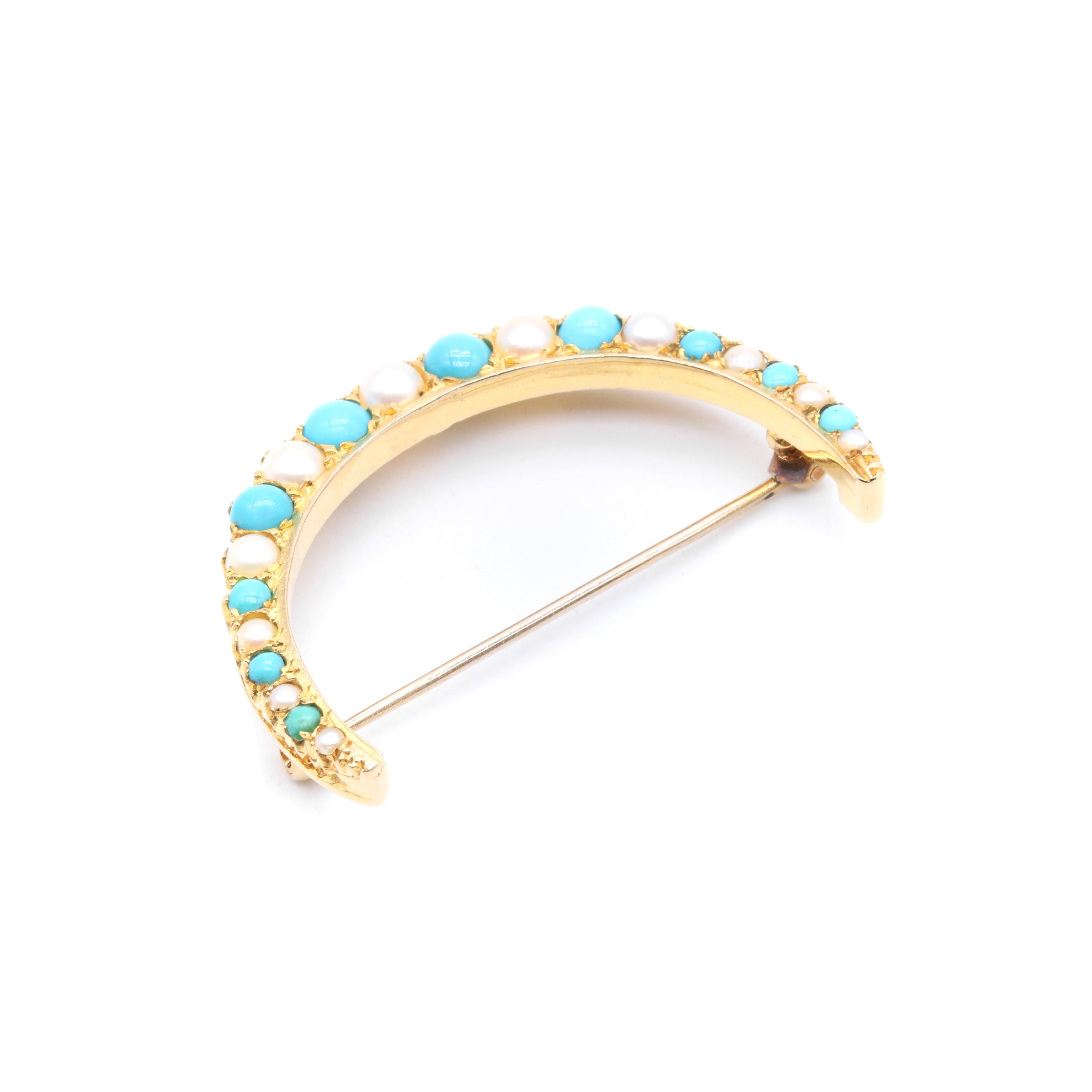 Women's or Men's Antique Victorian 9K Yellow Gold Turquoise and Pearl Crescent Brooch For Sale