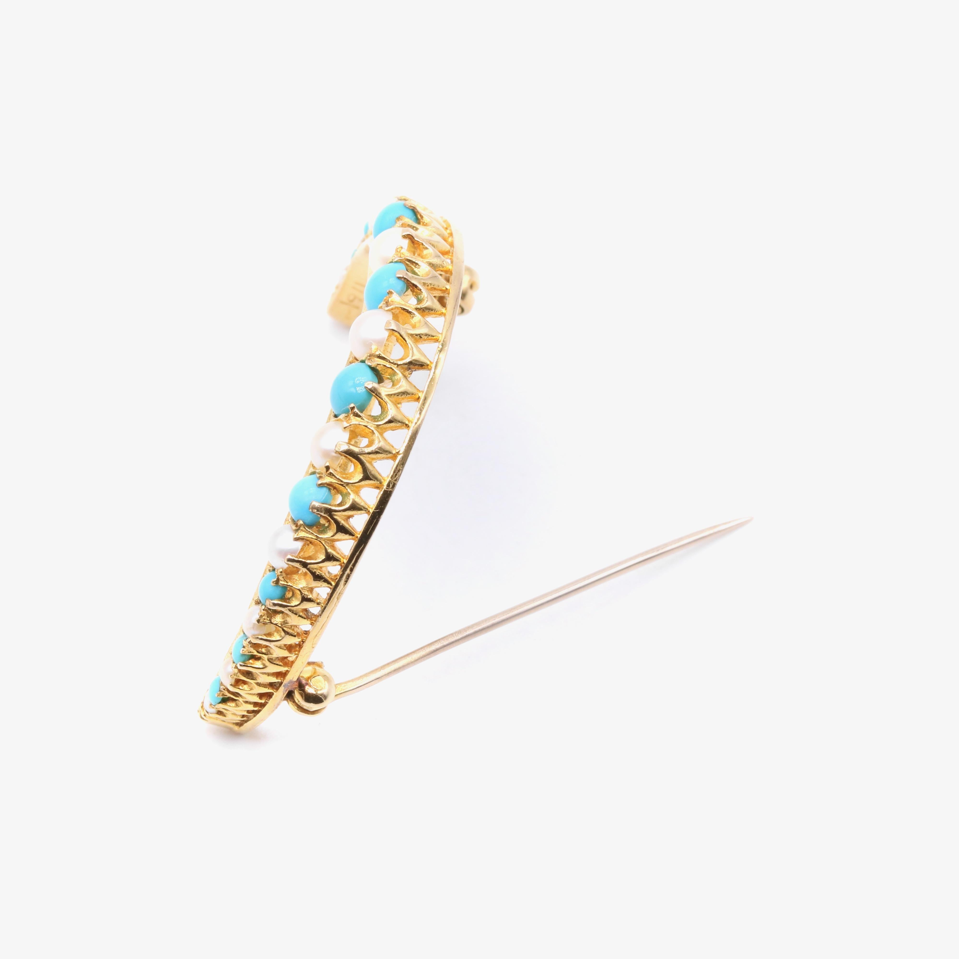 Antique Victorian 9K Yellow Gold Turquoise and Pearl Crescent Brooch For Sale 3