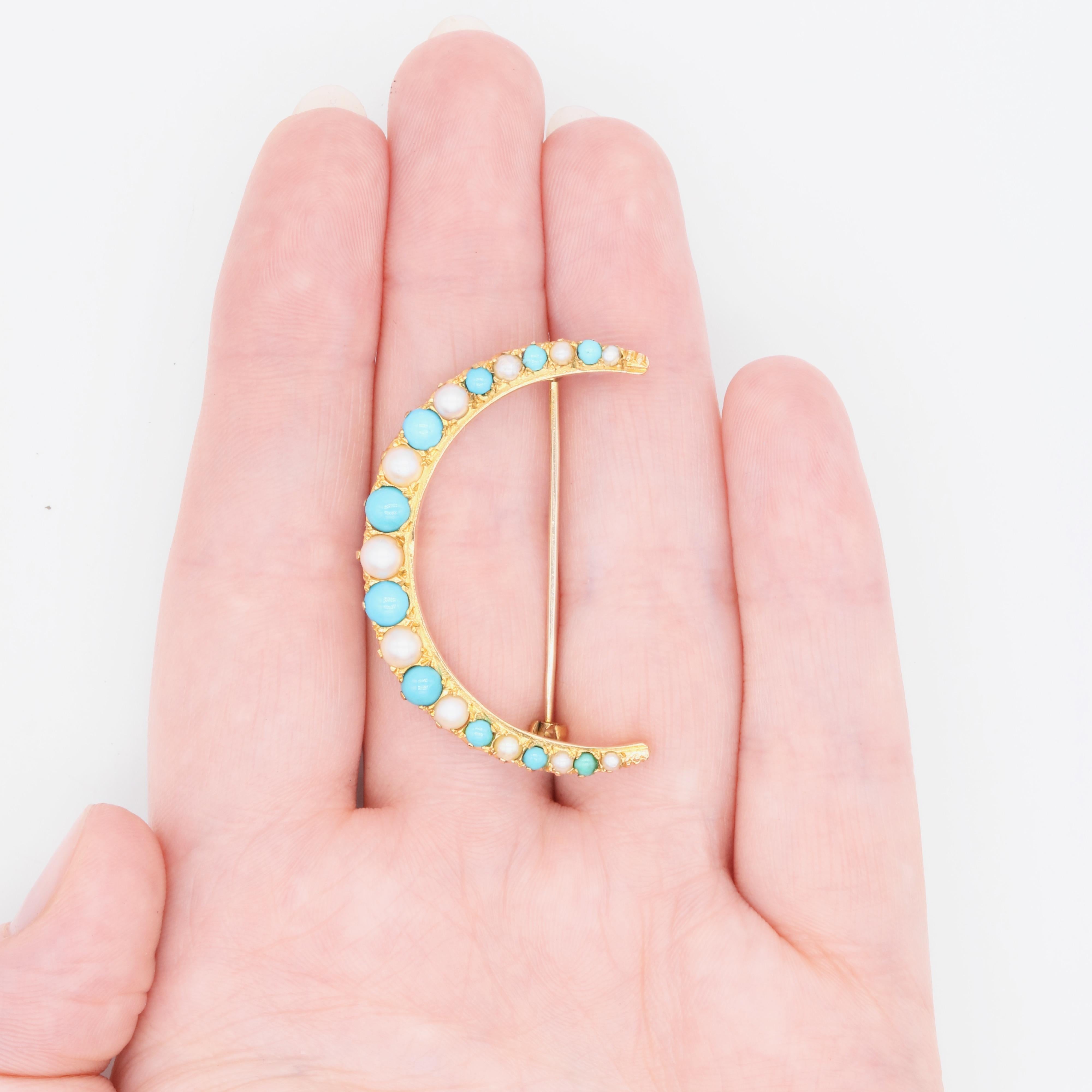 Antique Victorian 9K Yellow Gold Turquoise and Pearl Crescent Brooch For Sale 4